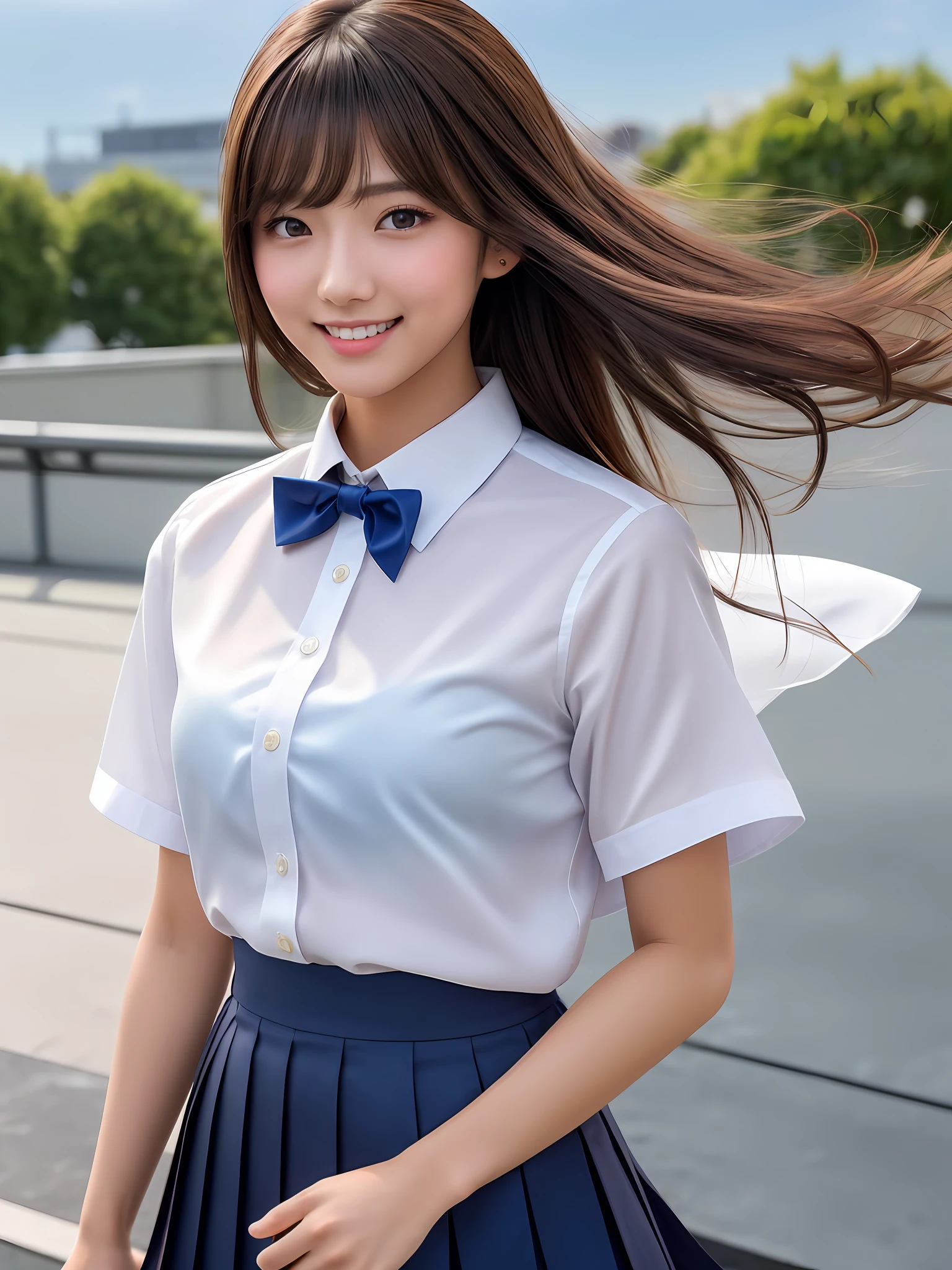 masterpiece, upper shot, 1 girl per 1 photo, front view, a Japanese young pretty woman, standing at the school roof with a big smile, glamorous figure, wearing a short sleeves white collared silky shirt with shiny red satin plain bow tie, wearing a long length dark blue pleated skirt, hyper cute face, glossy lips, hair blown by strong winds, double eyelids in both eyes, Natural makeup, long eyelashes, shiny smooth light brown hair of medium length, asymmetrical bangs, tanned skin, central image, 8K resolution, high detail, detailed hairstyle, Detailed Face, spectacular cinematic lighting, octane rendering, vibrant, hyper realistic, perfect limbs, perfect anatomy