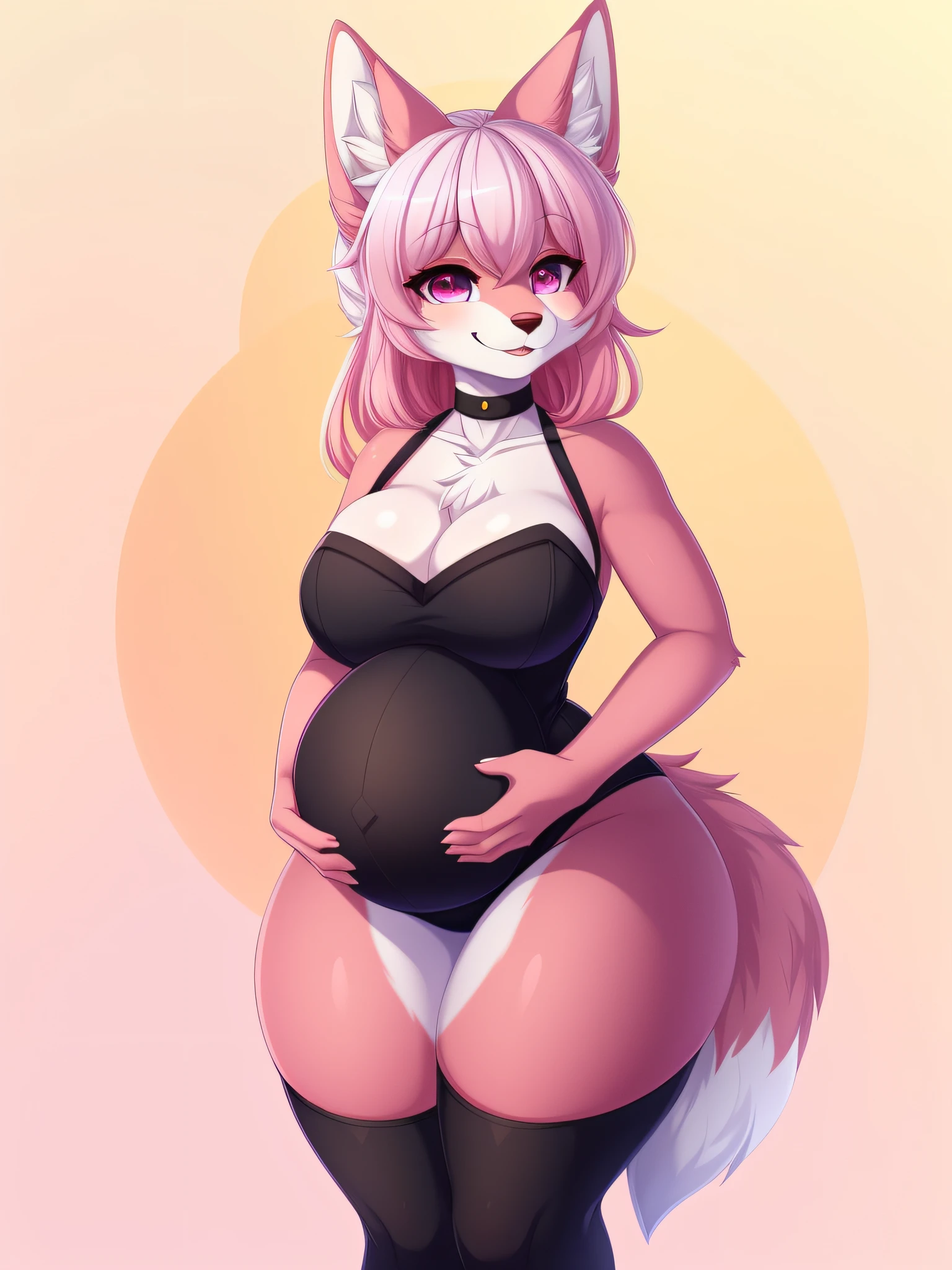 ((masterpiece, best quality)), (Anthro furry:1.3, anthro:1.3, hairy:1.2, fullbody:1.2, female solo:1.2, neckline, leaning forward, smile), by Teranen, (coffeesoda:1.1), teranen, fox, anthro, female, solo, pleasure face, breathless, very chubby, ass, curvy thighs, huge thighs, pink right iris, pink left iris, pink body, big breasts, chubby, white hair, white bangs, pink hair, pink ears, pregnant