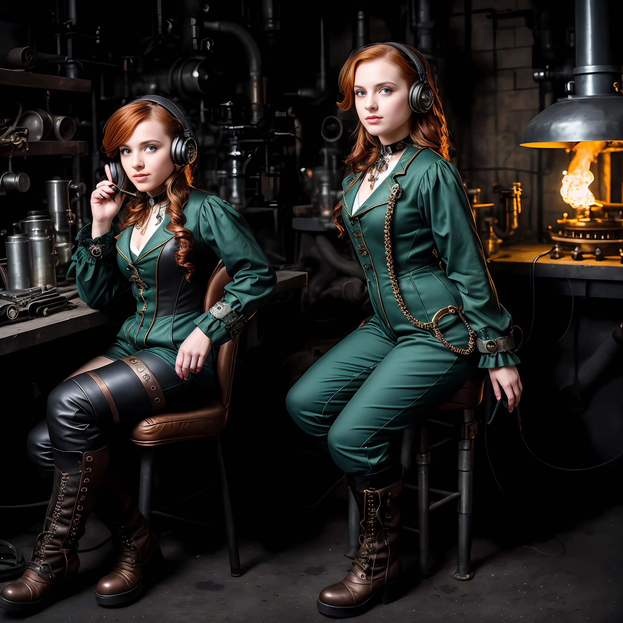 hyper photorealism, perfect anatomy, realistic character, very high contrast lighting, cinematic lighting, dramatic lighting, profile, shot from the back, shot from below, (((one girl on a chair is repairing a machine in the steamy smoky workshop))), (a 19 yo girl, (Ana de Armas:0.70), (redhead:1.1)), very cute and smiley, (perfect eyes:1.1), photorealistic wavy hair, a girl in a steampunk jumpsuit in light gray color, intercom headset, steampunk choker, long leather boots, perfect detailed face, detailed symmetric green eyes with circular iris, fixing a steam engine in the steampunk garage filled with steam and smoke, cogs and gears, steamy background with lots of steam pipes and steam valves and pressure gauges and gears, intricate background, very highly detailed costume, very highly detailed background, steampunk fantasy style, steampunk , steampunk aesthetic, steamy, Canon 5D, f1.8 lens