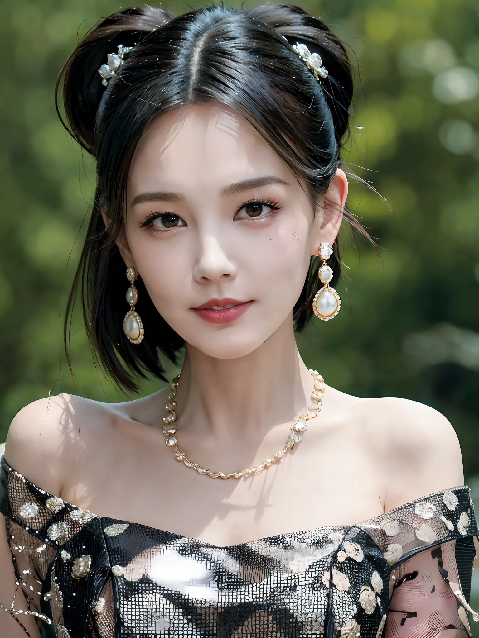 jewelry, solo, earrings, necklace, black hair, smile, single hair bun, (formal dress:1.6), realistic, hair bun, bracelet, grin, ulzzang-6500v1.1, (original: 1.2), (realistic: 1.3) , beautiful girl with beautiful details, extremely detailed eyes and face, eyes with beautiful details, absurd, incredibly absurd, huge file size, ultra detail, high resolution, ultra detailed, best quality, masterpiece, illustration, ultra detailed and beautiful, ultra detailed, CG, unity, 8k wallpaper, amazing, fine Detail, masterpiece, top quality, official art, extremely detailed CG unity 8k wallpaper, cinematic lighting, (perfect shiny skin:0.6), slim and smooth lines, (floating), (small breasts:1),  earrings,