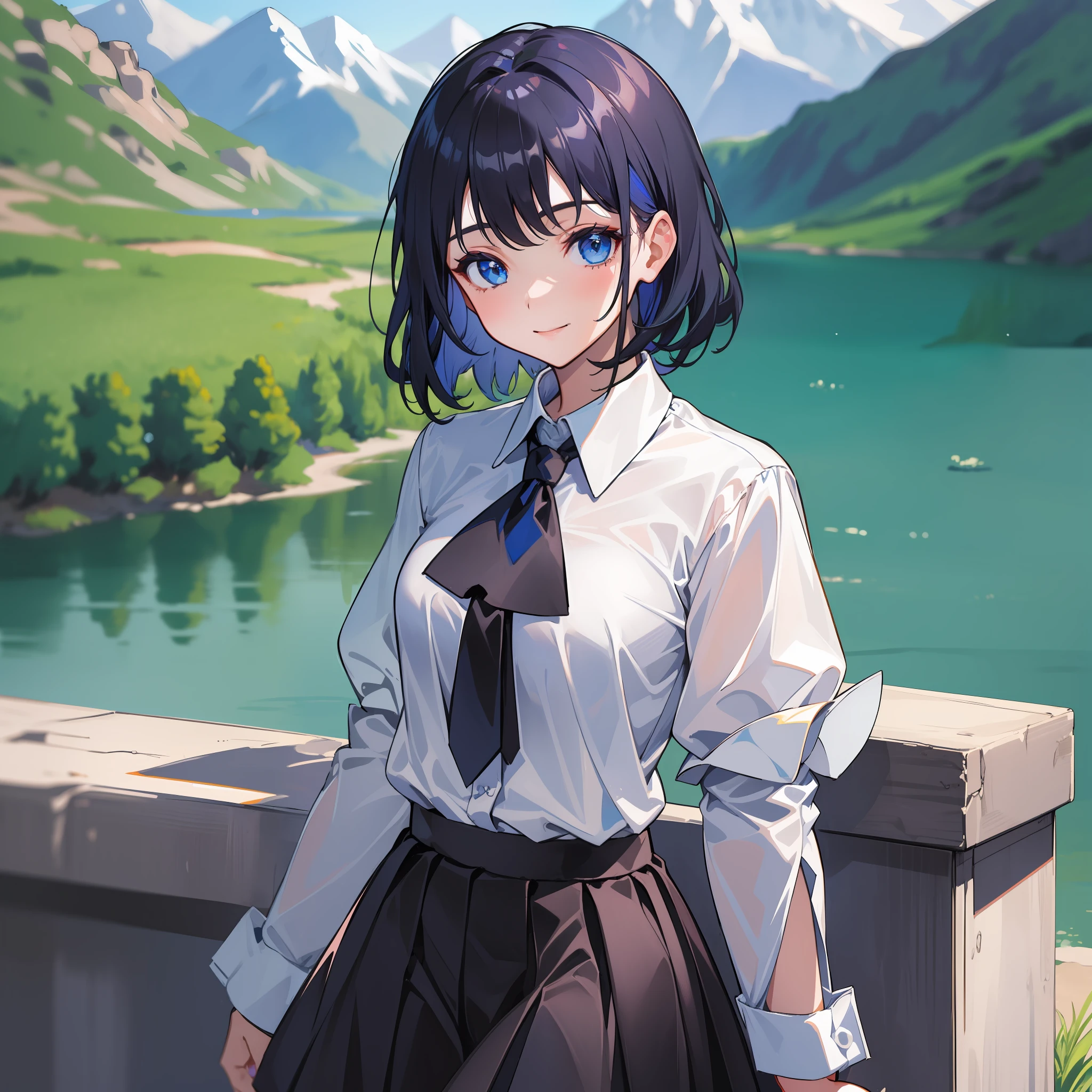 (Masterpiece), ((Best Quality)), (Super Detail), 1 Girl, Dark blue hair, Short hair, Smile, Mountain, Lake, Steppe, Dark blue eyes Long sleeve, Tie, School uniform, Pleated skirt, Juliet sleeves, Black thighs, White shirt, View viewer, Standing, Holding, Bangs