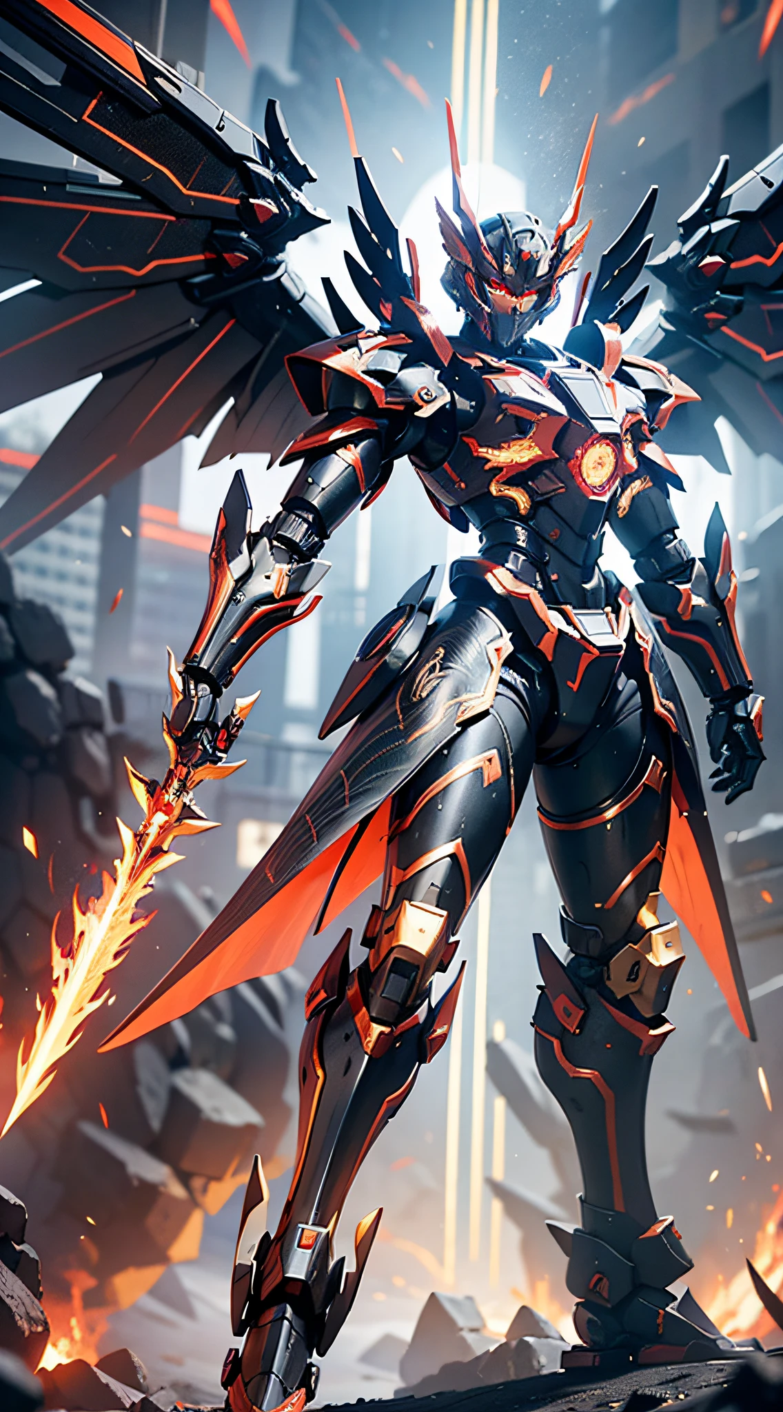 Huge mecha, black gold, red glowing eyes, complex mechanical armor, mecha with dragon pattern, metallic wings on the back, wings are feathers, gorgeous golden wings, wings are layered, holding glowing red flame sword, combat posture display, outdoor shots, surreal, cinematic quality, panorama, Octane rendering, stereoscopic, volumetric light, realistic style, 3D, epic composition, 8K, ultra-fine picture, super detail