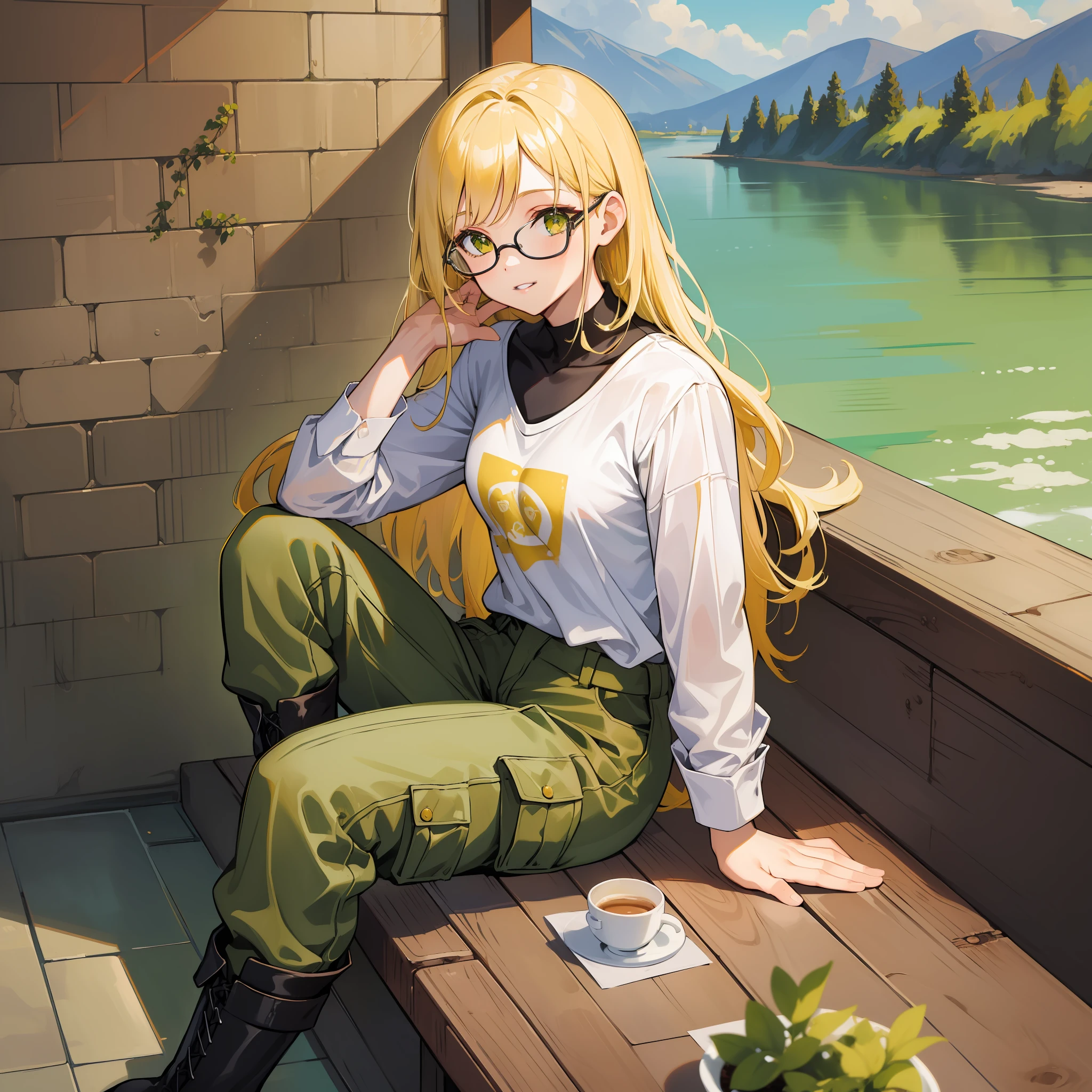 (masterpiece), ((highest quality)), (super detailed), 1 girl, blonde, long hair, straight, yellow-green eyes, smile, parted lips, café, table, sitting, river, cloudy sky, (yellow colored glasses: 1.2), black cargo trousers, boots T-shirts, cardigans