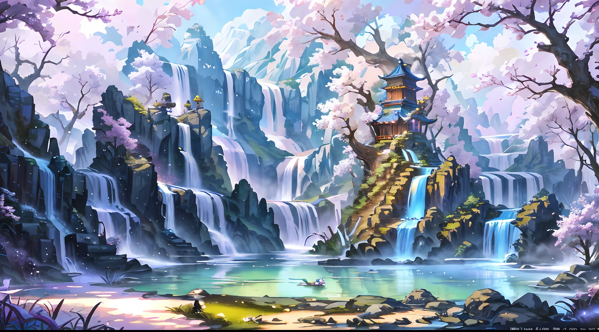 Chinese ancient times, spring, jungle, lake, cave, waterfall, tree, meadow, rock, deer, hot spring, water vapor, (illustration: 1.0), epic composition, realistic lighting, HD details, masterpiece, best quality, (very detailed CG unified 8k wallpaper) --v 6