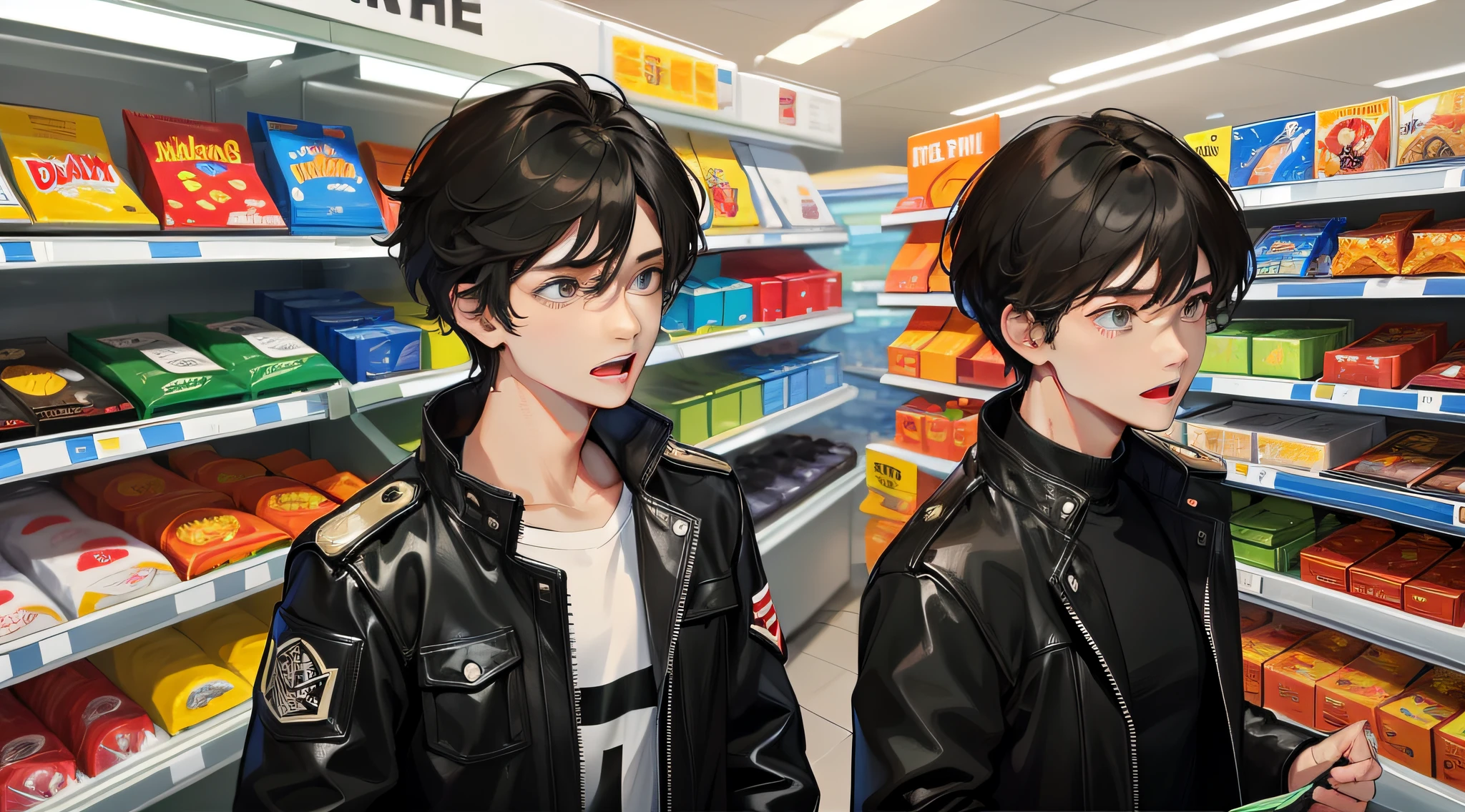 Young man, upper body, front face, short black hair, black storm jacket, shopping in the supermarket, with an incredulous look and a wide open mouth