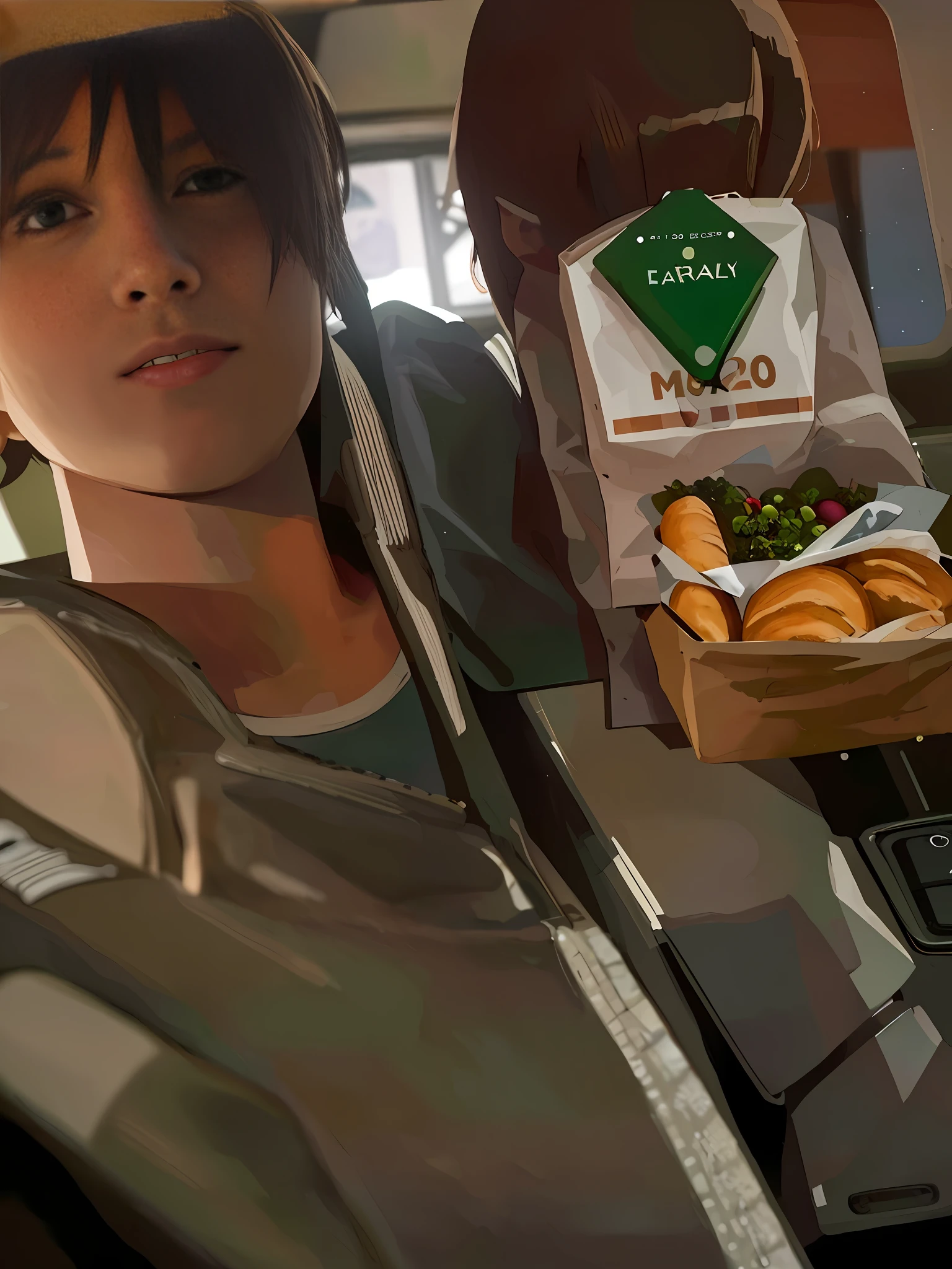 "A woman in a car at night, holding a bag of bread ready to eat, as captured in a Snapchat photo. The image is slightly blurred, adding a spooky element to the scene. She is holding the bag out towards the camera, making it the focal point. The photo is very accurate, and was taken in the early 2020s."