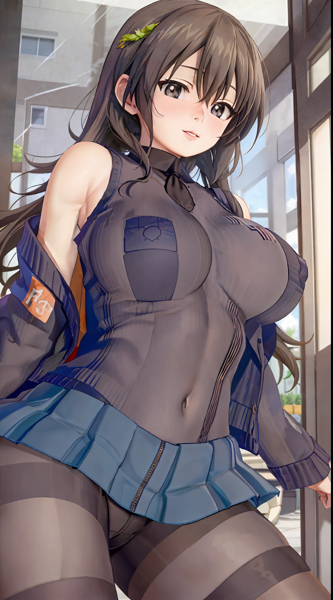 Masterpiece, highres, high Quality, detailed face, detailed body render, 1girl, solo, hyuuga hinata, hinata-sleeveless-outfit, large breasts, big breast, sleeveless shirt, fishnet top, dark lips, unzipped jacket, no bra, breasts out, nipple, standing, blushes, (on bedroom)