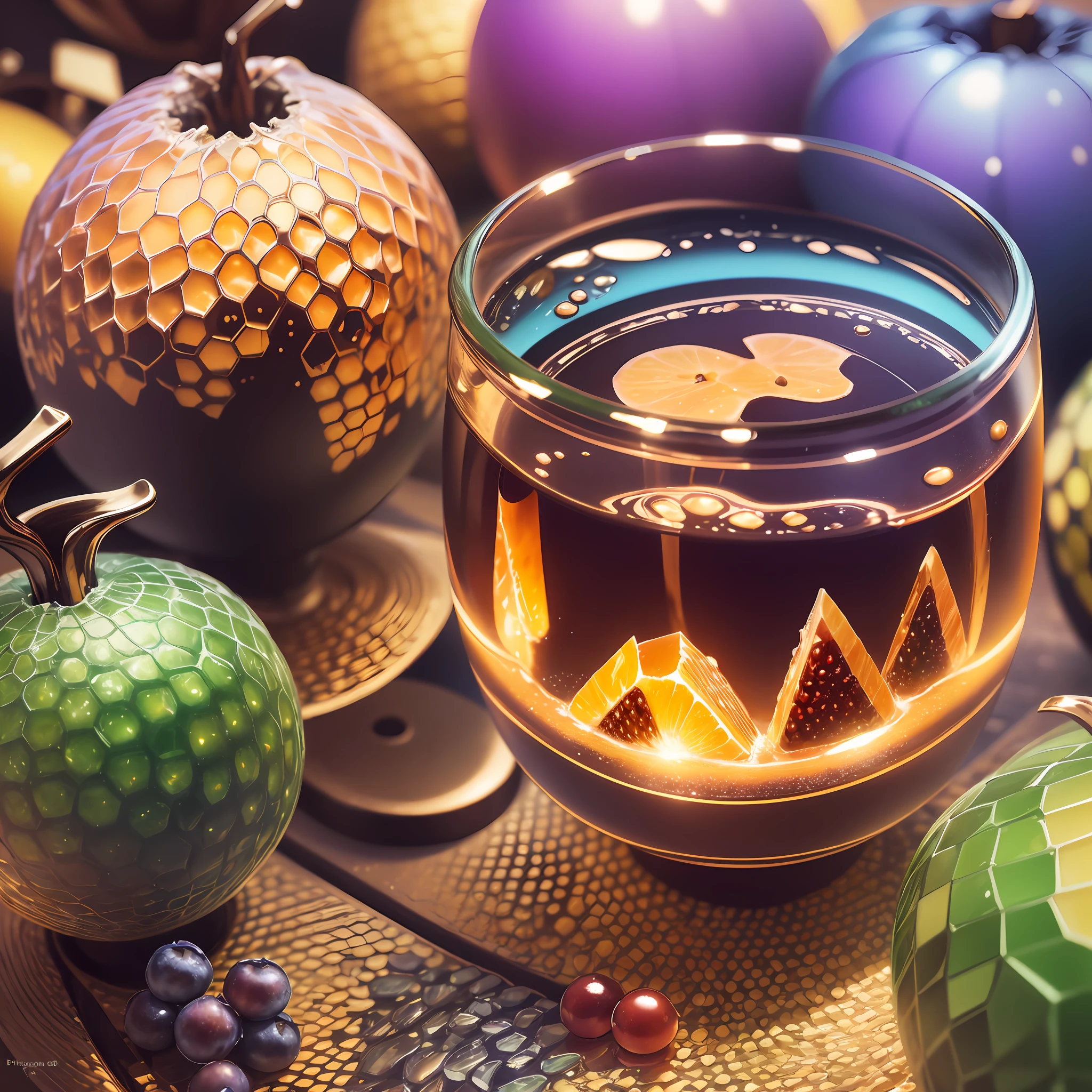 Computer Visualized Graphics, Realistic Fantasy, Extensive Landscape Ultrasound Photography (general view showing a glass glass, honeycombs, honey, honeydew, ice cube, small and large, red and blue berries,), blurred background, colorful, bright, yellow, orange, honey, purple background, pink, warm, magic, "Hyper-realistic textures," "Precise details," "Realistic still life," "Realistic portraits," "Realistic landscapes."