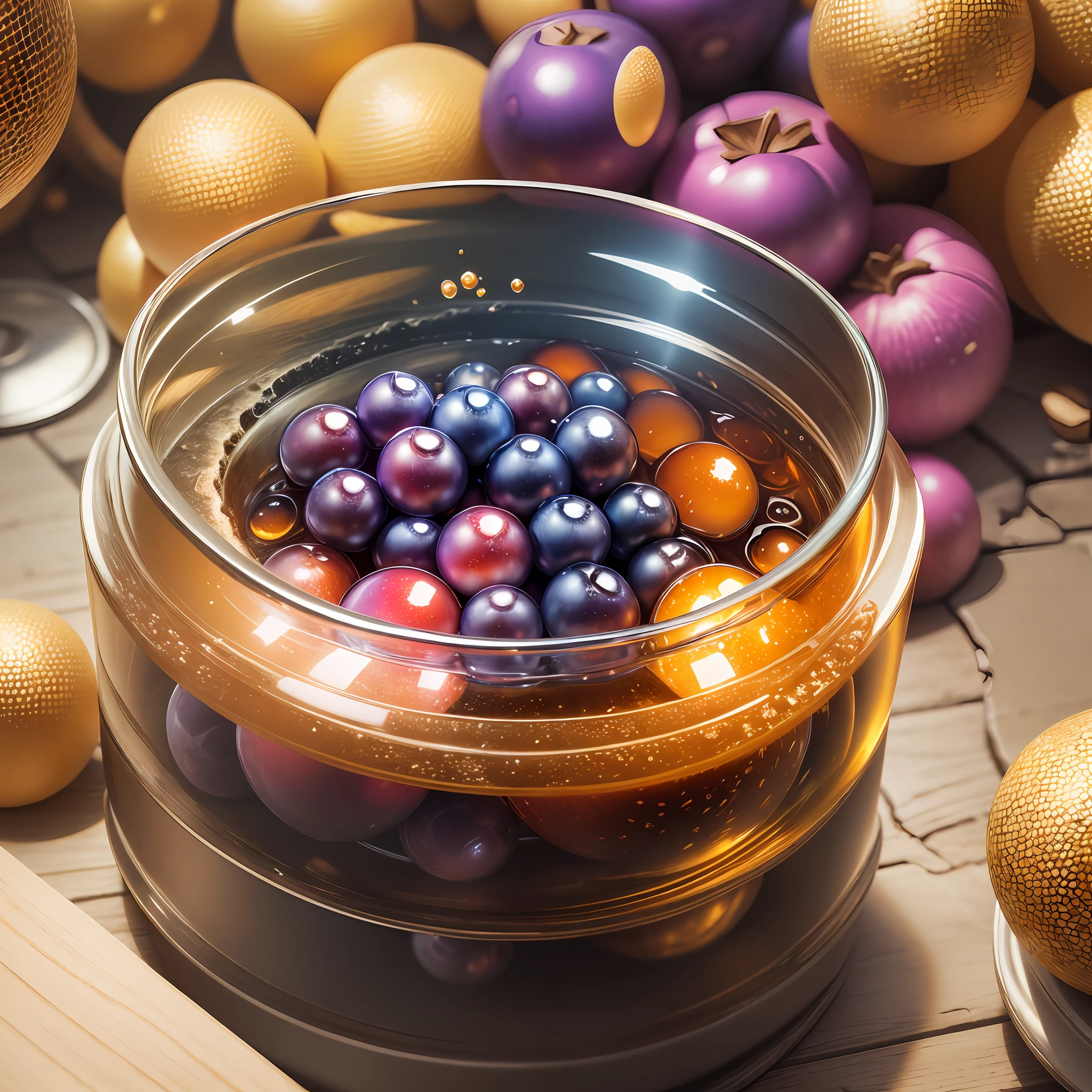 Computer Visualized Graphics, Realistic Fantasy, Extensive Landscape Ultrasound Photography (general view showing a glass glass, honeycombs, honey, honeydew, ice cube, small and large, red and blue berries,), blurred background, colorful, bright, yellow, orange, honey, purple background, pink, warm, magic, "Hyper-realistic textures," "Precise details," "Realistic still life," "Realistic portraits," "Realistic landscapes."