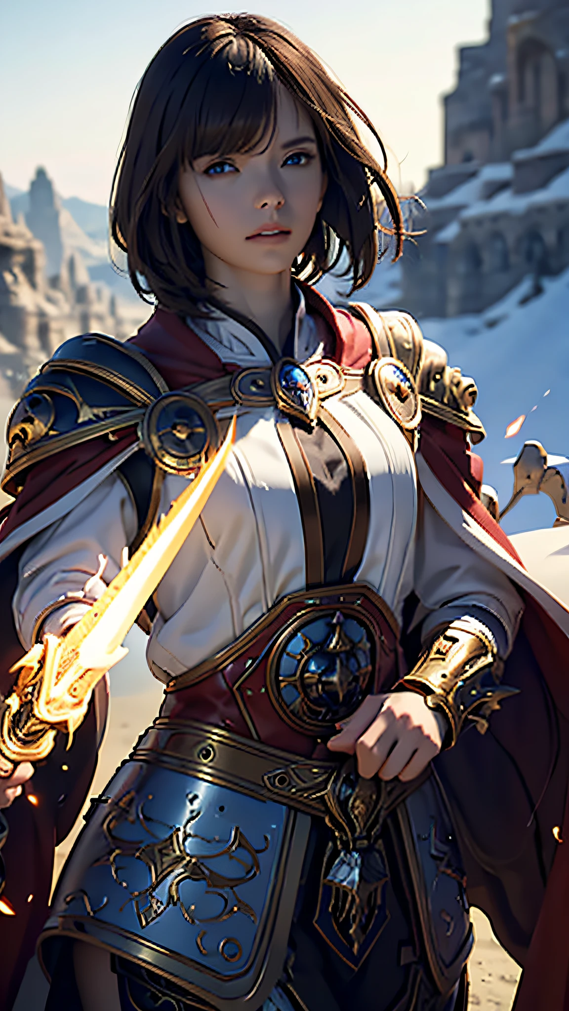 Official Art, Unity 8k Wallpaper, Ultra Detail, Masterpiece, Best Quality, One Woman, (Very Detail), Dynamic Angle, Mystical Expression, Fire Glowing Effect, Fantasy Background, Rim Lighting, Side Light, Cinematic Light, Ultra Definition, 8k UHD, Film Grain,Best Shadow, Delicate, RAW, Light Particles, Detailed Skin Texture, Detailed Gold Armor Texture, Cleavage, Detailed Face, Complex detail, ultra-detailed, bright, strong, white armor, holding a weapon, holding a shield, pole dron, (((brown hair)), very shining black eyes, long red cloak, fantasy, (realistic),