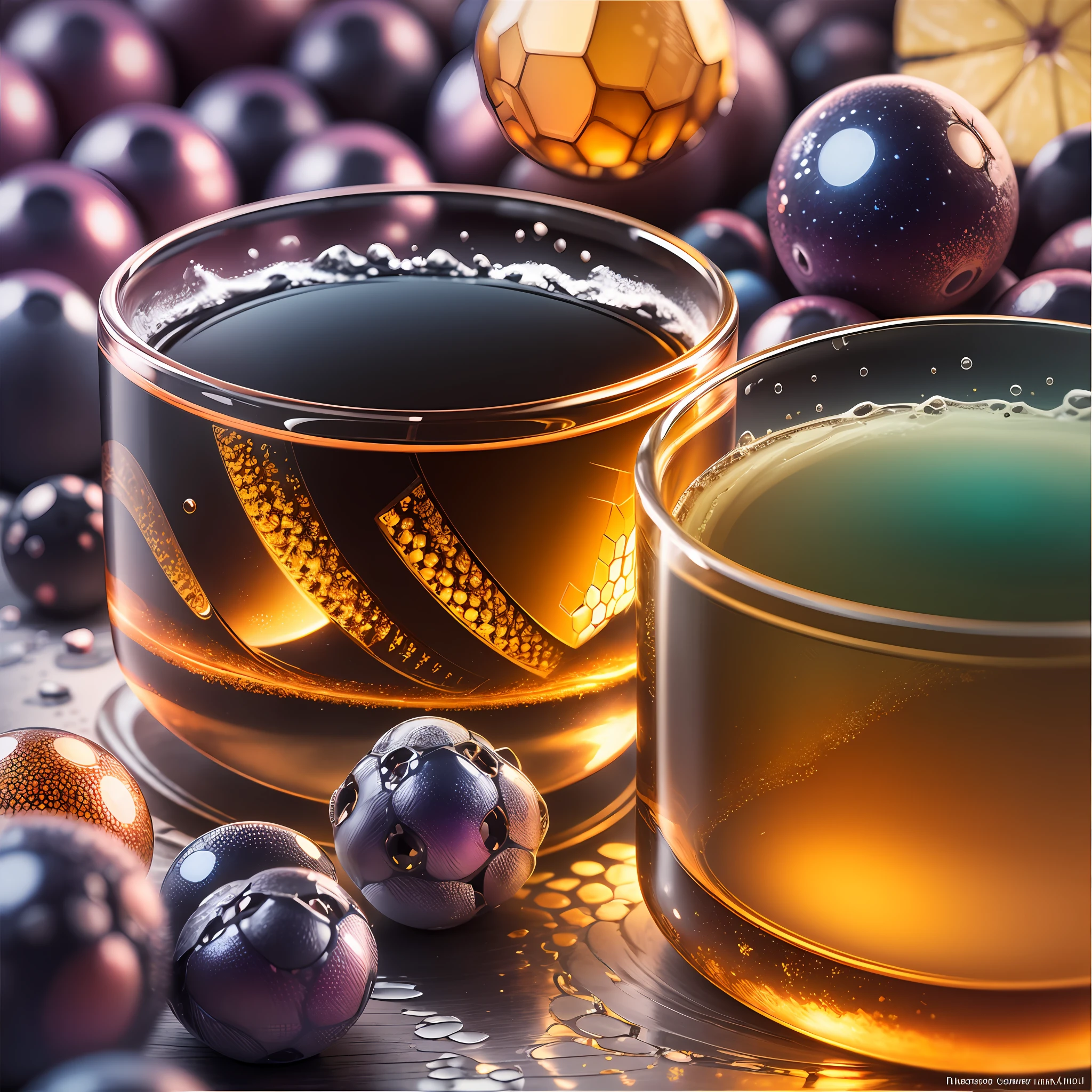 Computer Visualized Graphics, Realistic Fantasy, Extensive Landscape Ultrasound Photography (general view showing a glass glass, honeycombs, honey, honeydew, ice cube, small and large, red and blue berries,), blurred background, colorful, bright, yellow, orange, honey, purple background, pink, warm, magic, "Hyper-realistic textures," "Precise details," "Realistic still life," "Realistic portraits," "Realistic landscapes."