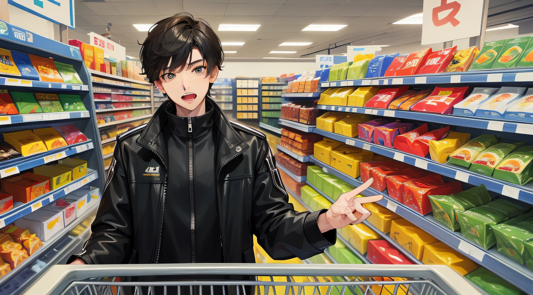 Young man, upper body, front face, short black hair, black storm jacket, shopping in the supermarket, with an incredulous look and a wide open mouth