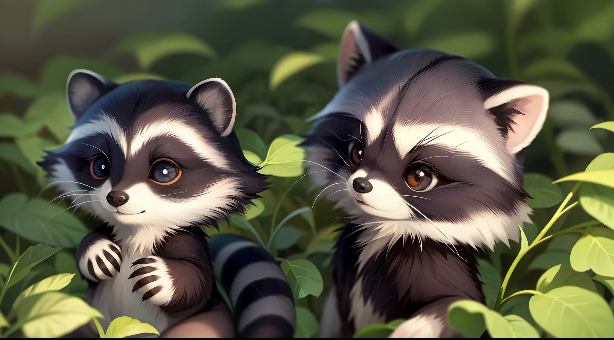 Little raccoon, thinking questions, big eyes, staring ahead