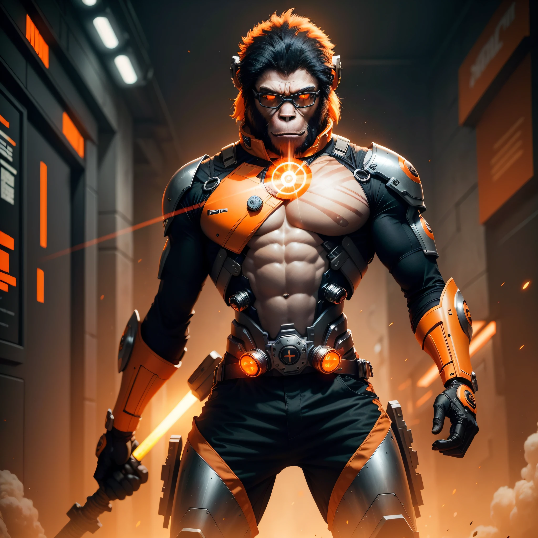 ((best quality)) ((realistic)) cybernetic ape, wielding cybernetic staff with orange auras, combat pose, in the midst of war, cybernetic glasses, wearing a black breastplate with bright orange details