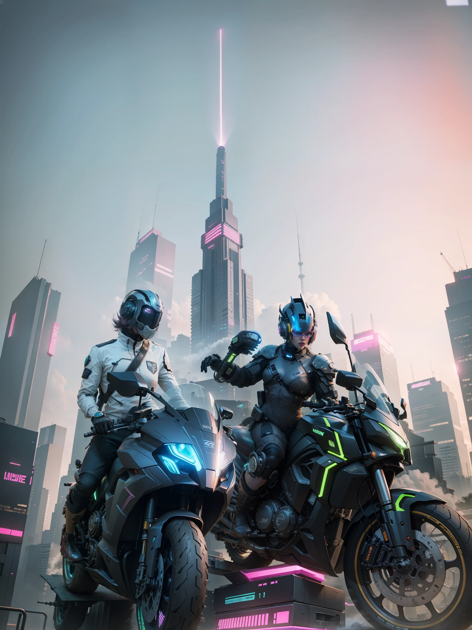 Cyberpunk, high-rises, pink lights, cool,