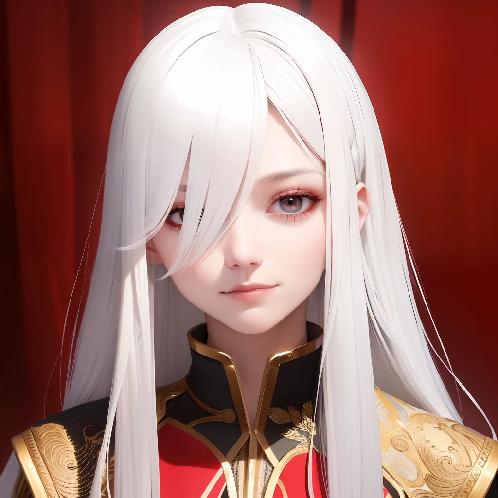 best quality, masterpiece, androgynous, long white hair, hair between eyes, face only, fair skin, red upturned eyes, red capelet, smirk