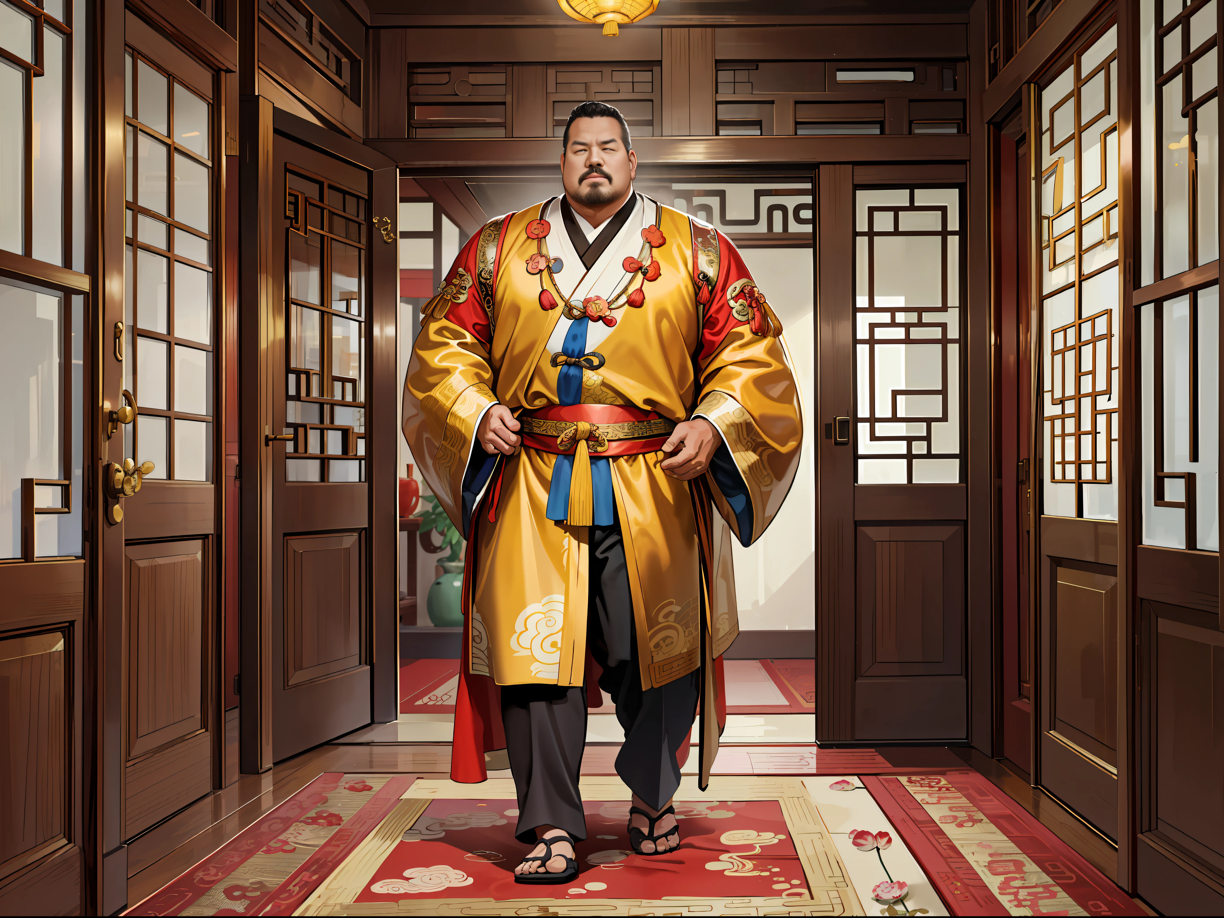 (ridiculous, high resolution, super detailed, realistic,), 1 middle-aged fat man, standing outside the door, 50 years old, walking old, hands on his back, head down, anxious, frightened, Qing dynasty style, gold themed robe, greasy, rich, rich man, room, ancient Chinese style, HD photo.