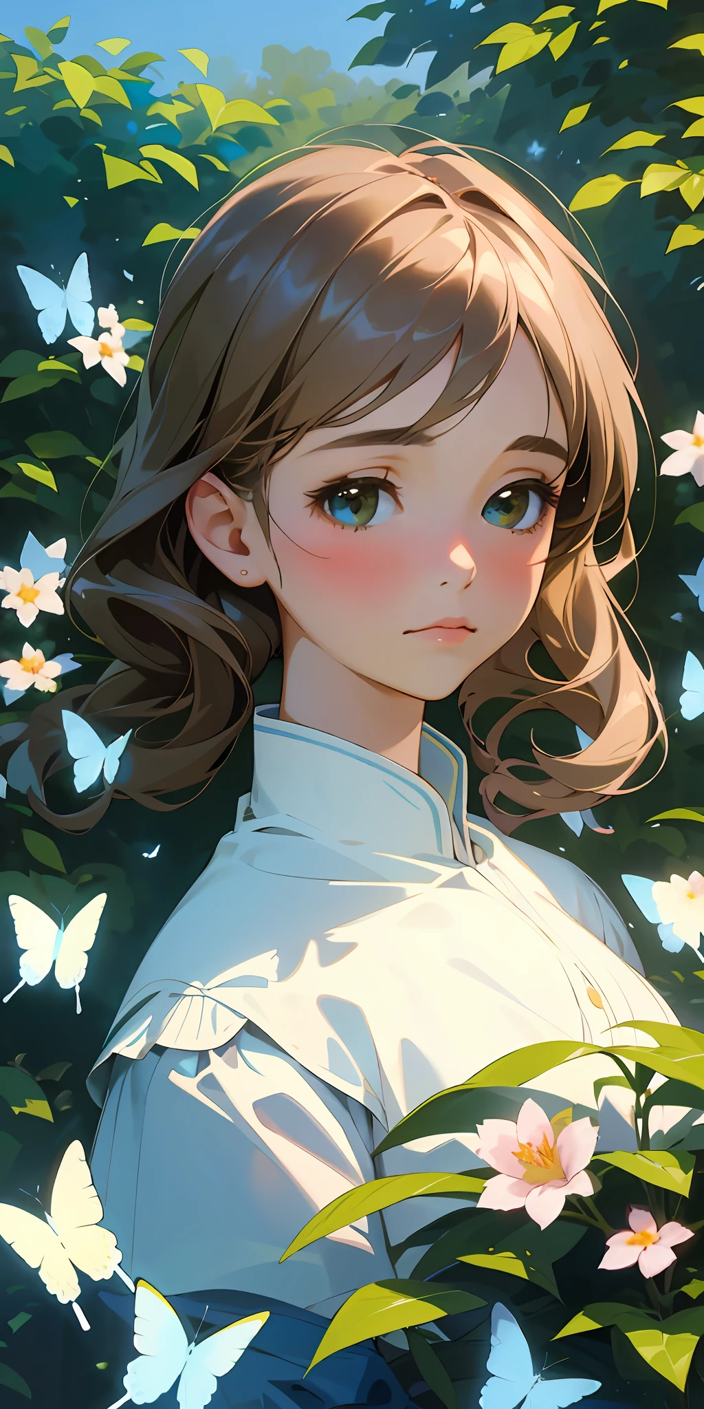 (top quality, masterpiece, super realistic), portrait of one beautiful and delicate girl with a soft and sad expression, the landscape in the background is a garden with flowering bushes and butterflies flying around in blue tones.