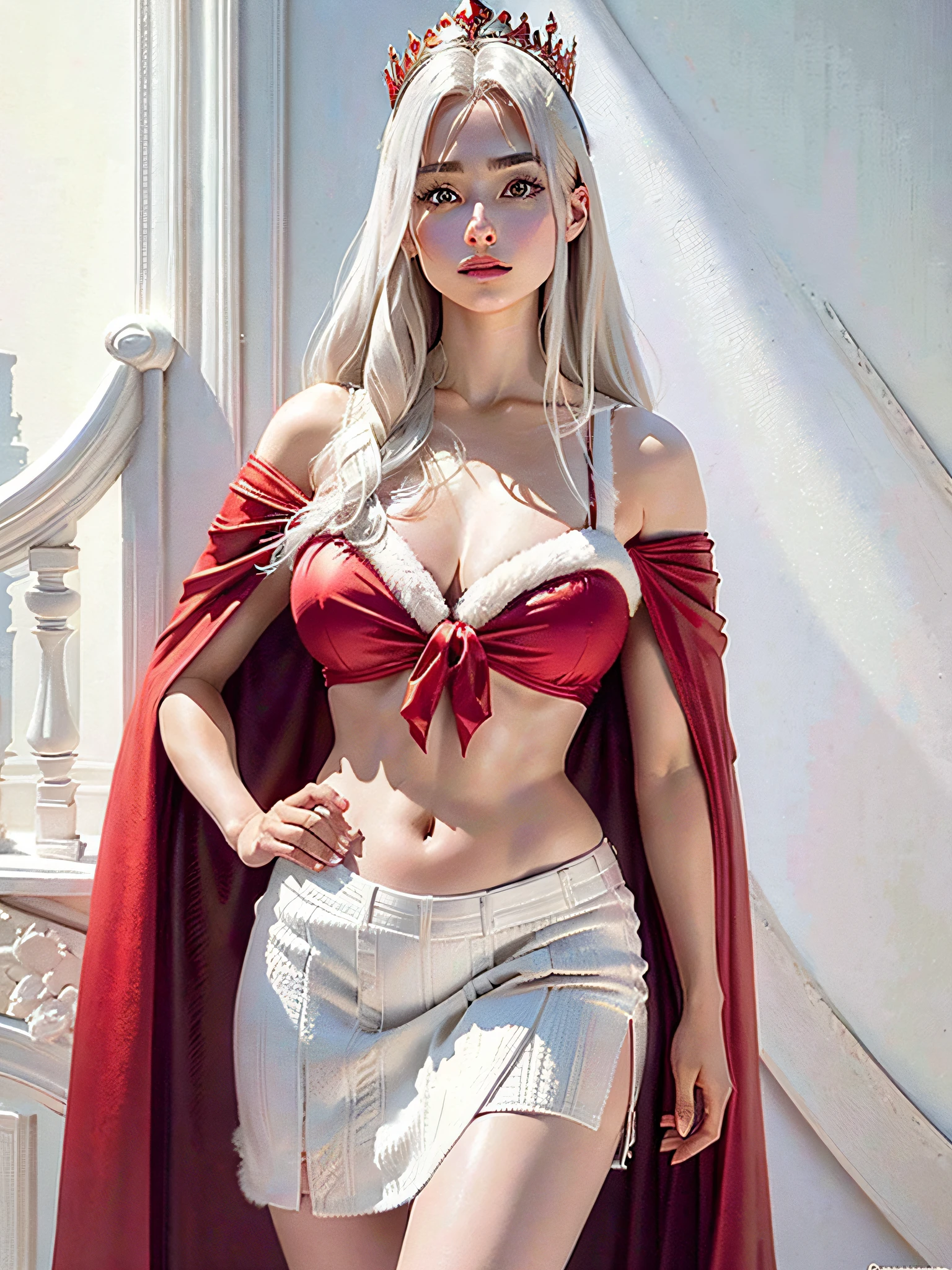 (Masterpiece, Top Quality, Best Quality, Official Art, Beautiful and Aesthetic: 1.2), Ultra-detailed complex 3D rendering of face, various poses, ((Huge breasts: 1.4)), (Exposure: 1.1), pink micro bikini, , Perfect figure: 1.4, Slim abs: 1.1, (1 girl), red cape lined with fur, jeweled crown: 1.2), serious, cleavage, white hair, white skin