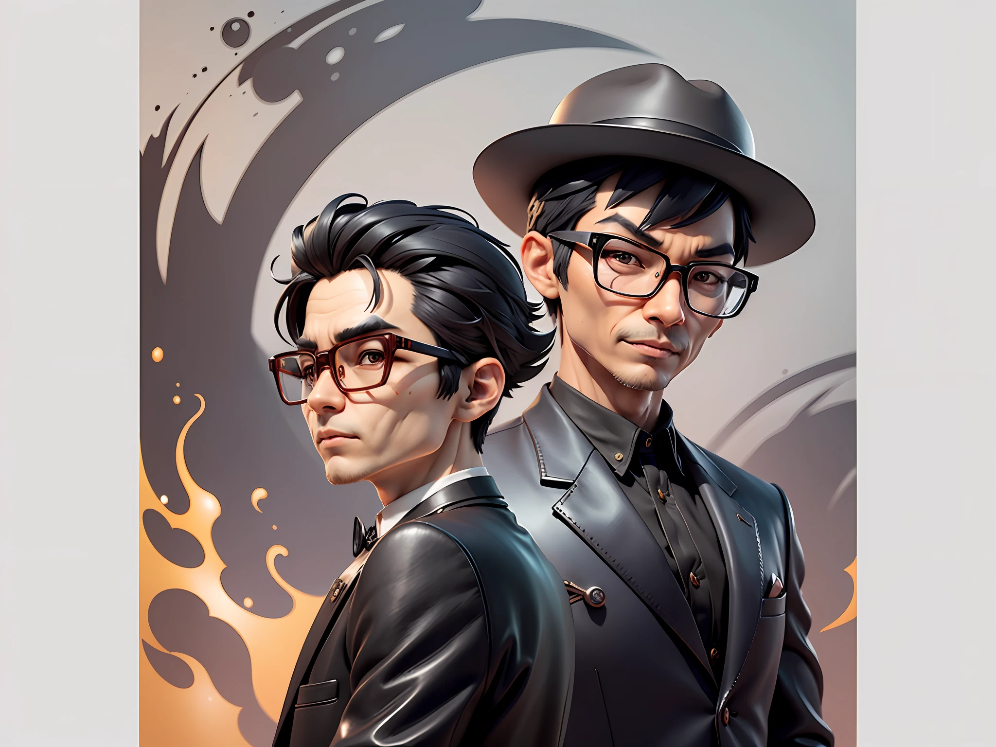 Young man with oriental face in leather hat, tiger, oriental face in formal suit, short black hair, silver glasses, digital painting, 3D character design by Mark Clairedon and Pixar and Hayao Miyazaki and Akira Toriyama, the illustration is a high-definition illustration in 4K resolution with very detailed facial features and cartoon-style visuals.