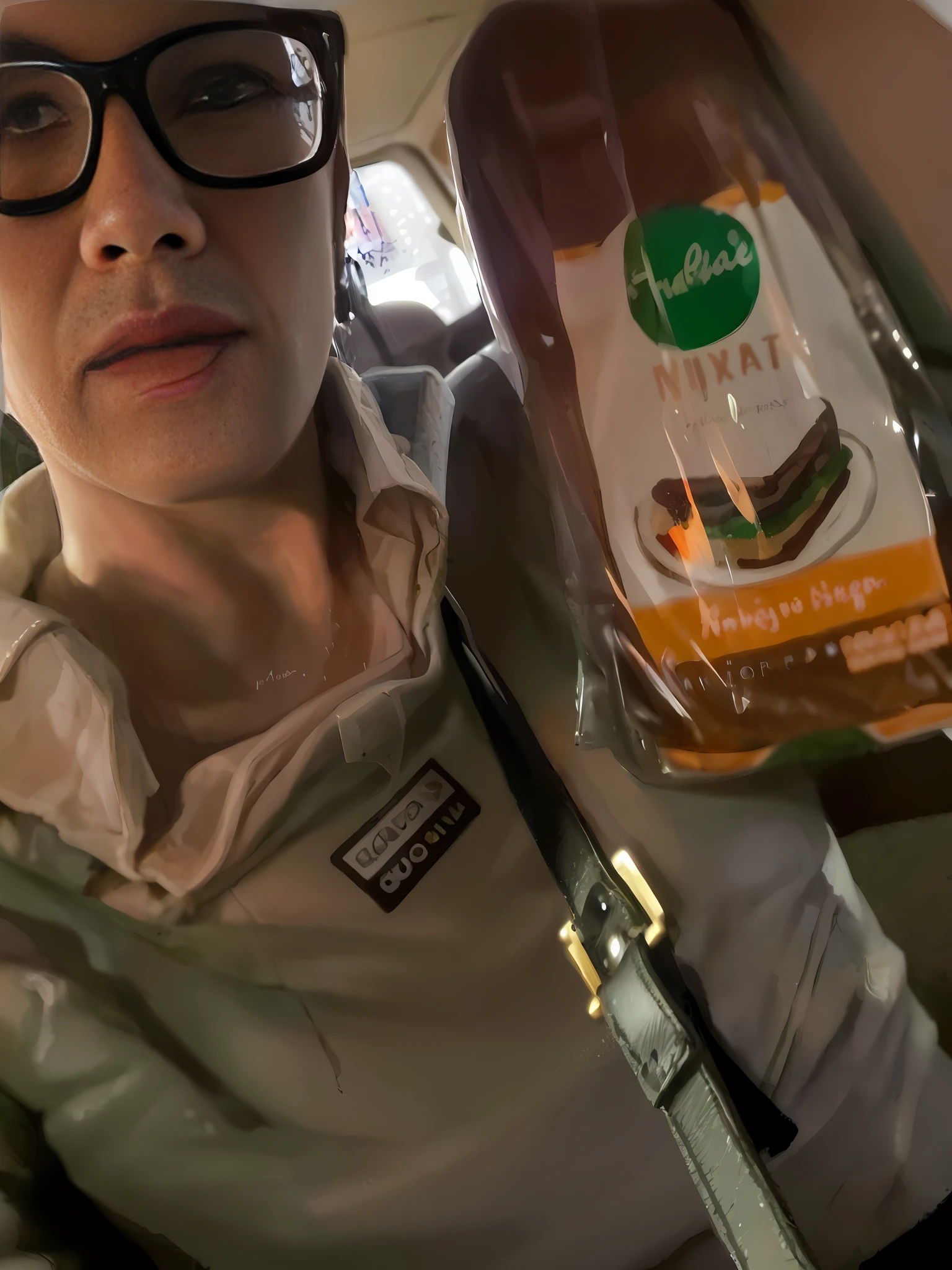 "A woman in a car at night, wearing glases, holding a bag of bread ready to eat, as captured in a Snapchat photo. The image is slightly blurred, adding a spooky element to the scene. She is holding the bag out towards the camera, making it the focal point. The photo is very accurate, and was taken in the early 2020s."