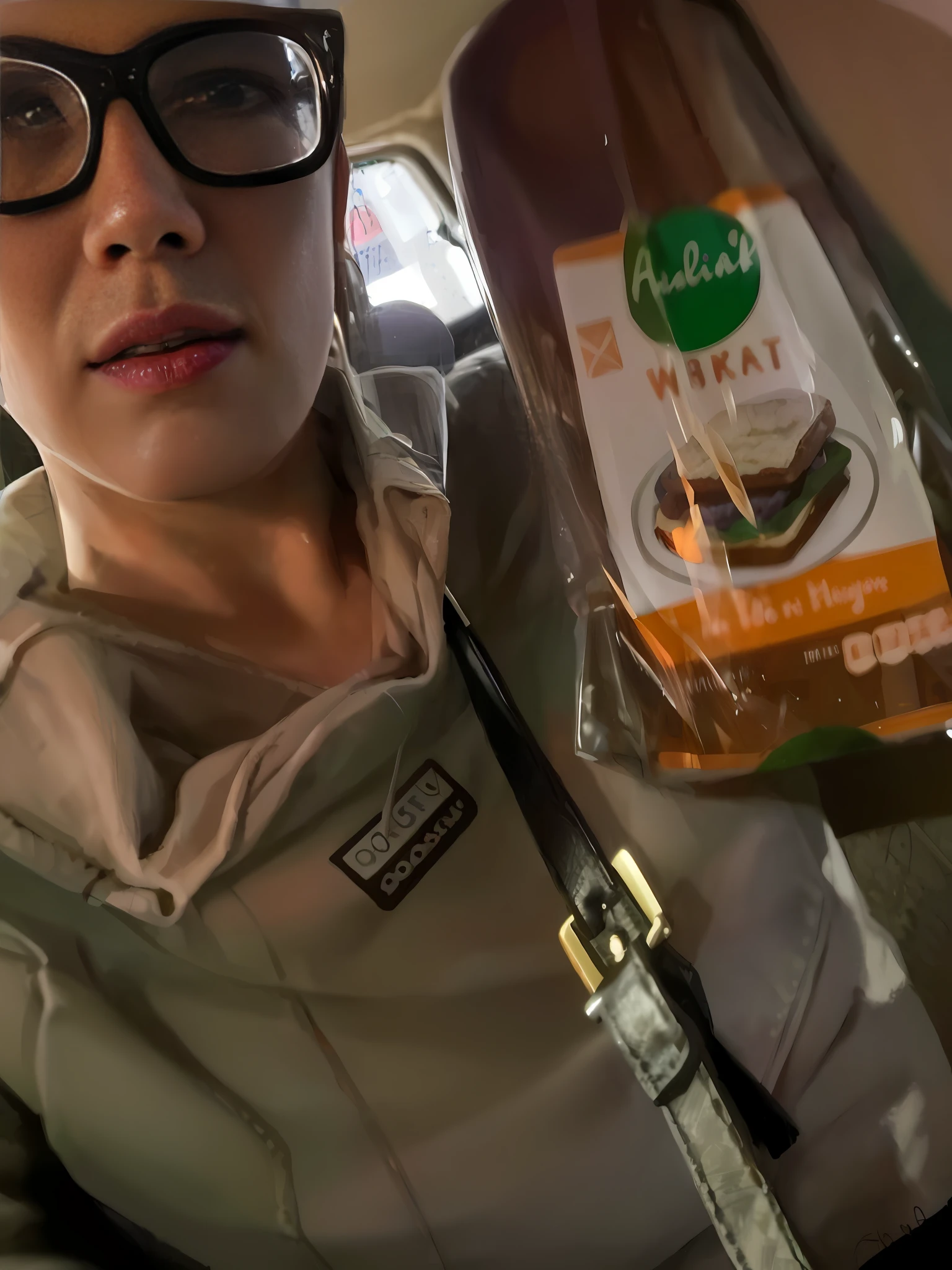 "A woman in a car at night, wearing glases, holding a bag of bread ready to eat, as captured in a Snapchat photo. The image is slightly blurred, adding a spooky element to the scene. She is holding the bag out towards the camera, making it the focal point. The photo is very accurate, and was taken in the early 2020s."