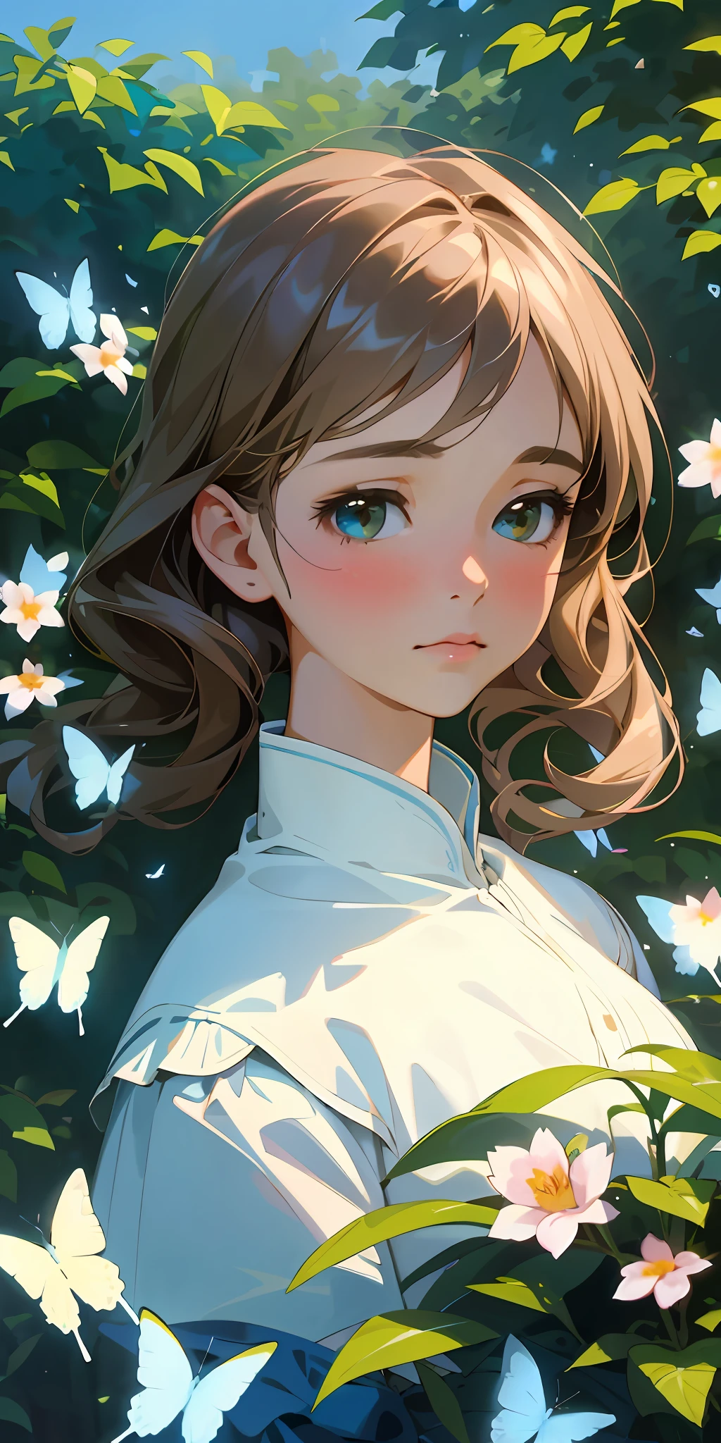(top quality, masterpiece, super realistic), portrait of one beautiful and delicate girl with a soft and sad expression, the landscape in the background is a garden with flowering bushes and butterflies flying around in blue tones.