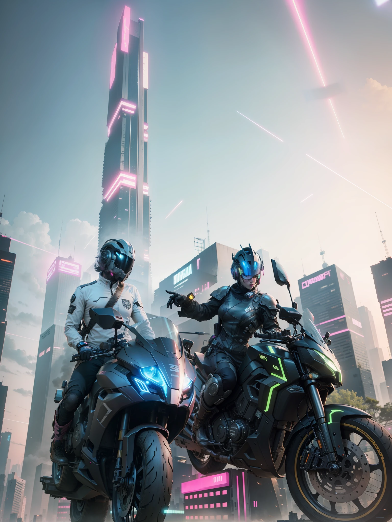 Cyberpunk, high-rises, pink lights, cool,