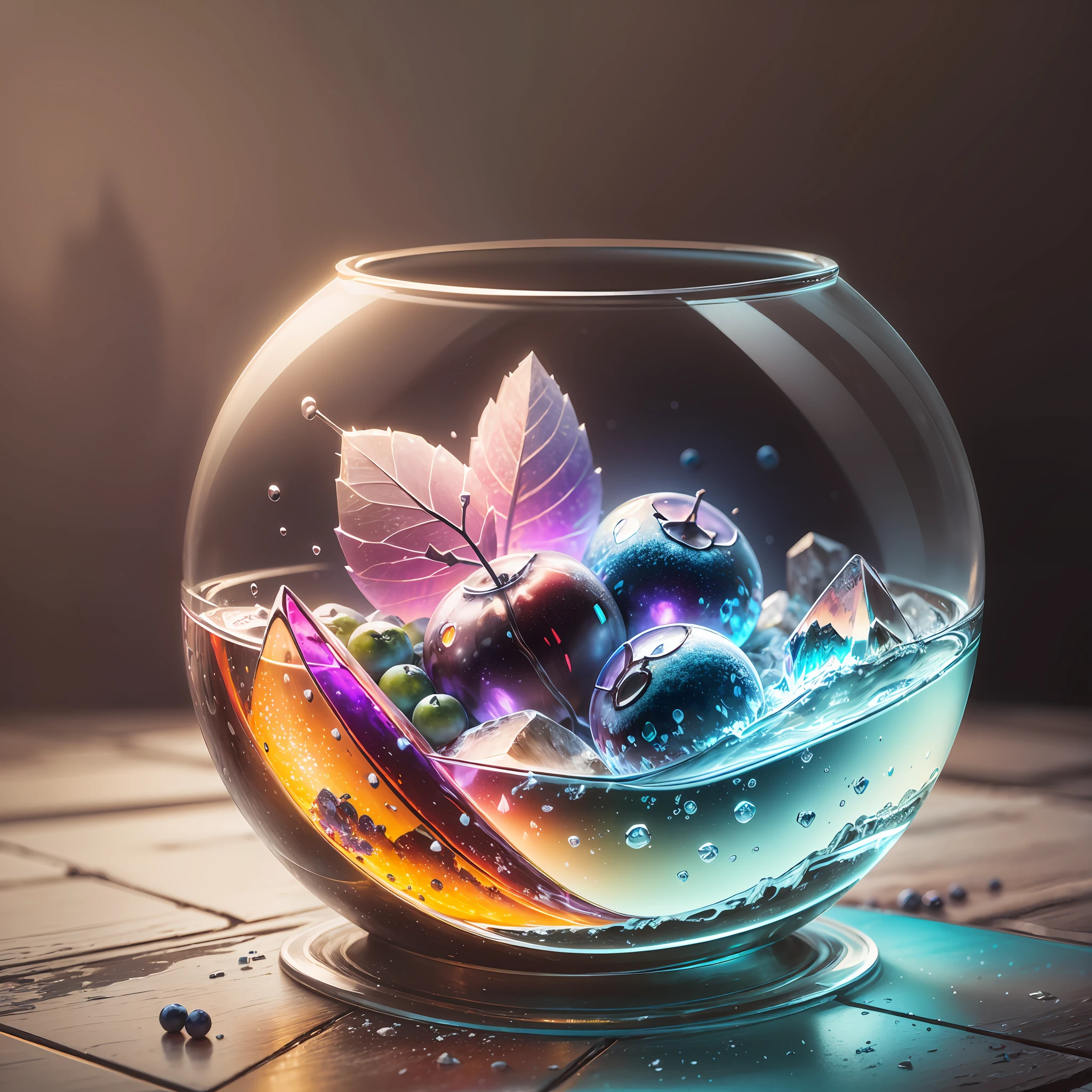 Computer Rendered Graphics, Realistic Fantasy, Extensive Landscape Ultrafiction Photography (general view showing glass glass, ice cube, small and large, red and blue berries, dew,), blurred background, gloomy, yellow, green, purple background, pink, warm, magic, "Hyper-realistic textures," "Precise details," "Realistic still life," "Realistic portraits," "Realistic landscapes."