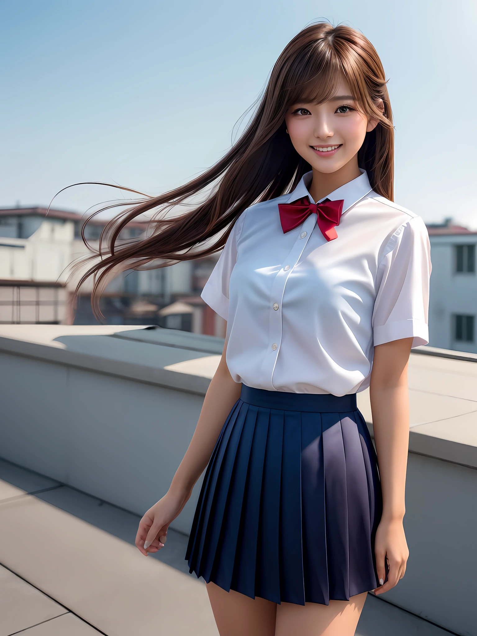 masterpiece, upper shot, 1 girl per 1 photo, front view, a Japanese young pretty woman, standing at the school roof with a big smile, glamorous figure, wearing a short sleeves white collared silky shirt with shiny red satin plain bow tie, wearing a long length dark blue pleated skirt, hyper cute face, glossy lips, hair blown by strong winds, double eyelids in both eyes, Natural makeup, long eyelashes, shiny smooth light brown hair of medium length, asymmetrical bangs, tanned skin, central image, 8K resolution, high detail, detailed hairstyle, Detailed Face, spectacular cinematic lighting, octane rendering, vibrant, hyper realistic, perfect limbs, perfect anatomy