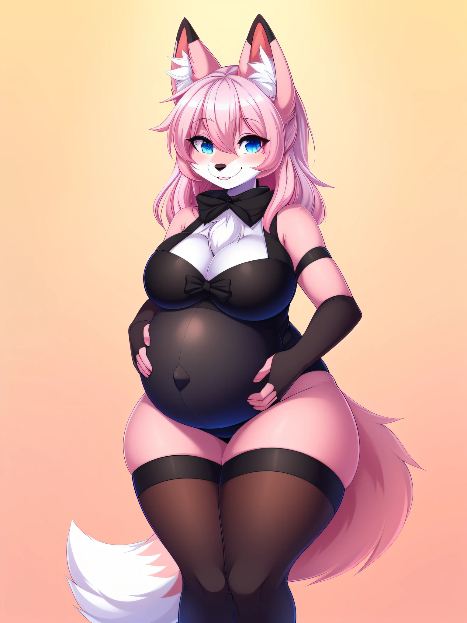((masterpiece, best quality)), (Anthro Furry:1.3, Anthro:1.3, Hairy:1.2, Fullbody:1.2, Women's Solo:1.2, Neckline, Leaning Forward, Smile), by Teranen, (Teranen:1.1), Teranen, Fox, Anthro, Female, Solo, Pleasure Face, Breathless, Very Chubby, Ass, Curvy Thighs, Huge Thighs, Pink Right Iris, Pink Left Iris, Pink Body, Big Breasts, Chubby, White Hair, White Fringe, pink hair, pink ears, pregnant