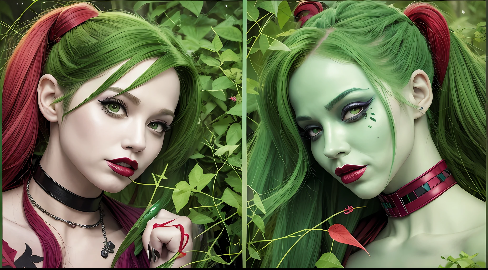 [(Poison Ivy+Harley Quinn), DC Comics universe, comic book style, vibrant colors, detailed, dynamic angle, greenery backdrop, turning Harley Quinn into a plant: 1.5, vines entangling around, wicked smile, iconic symbols, Toxic Kiss: 1.3, leaves and foliage floating in the air, dark shadows, intense emotion.] --auto --s2