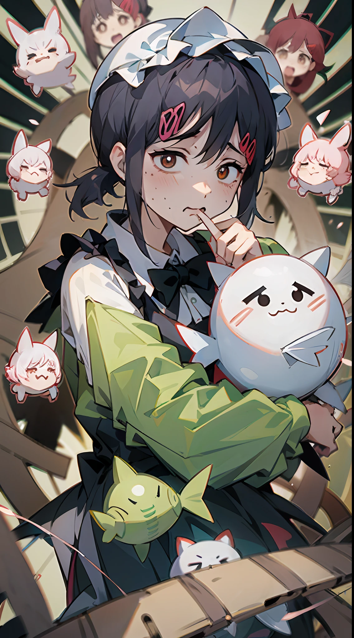 咒语(Prompt): anime girl with catcore dress and white ears holding a kawaii stuffed fish, in the style of grotesque characters, rtx on, piles/stacks, art of tonga, chaos color, maidcore, ue5, thick paint