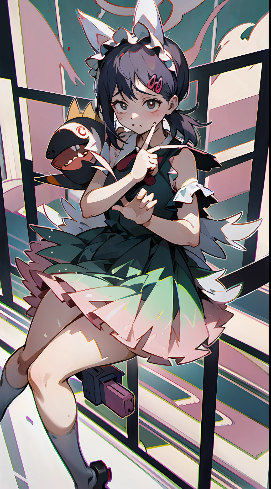 咒语(Prompt): anime girl with catcore dress and white ears holding a kawaii stuffed fish, in the style of grotesque characters, rtx on, piles/stacks, art of tonga, chaos color, maidcore, ue5, thick paint