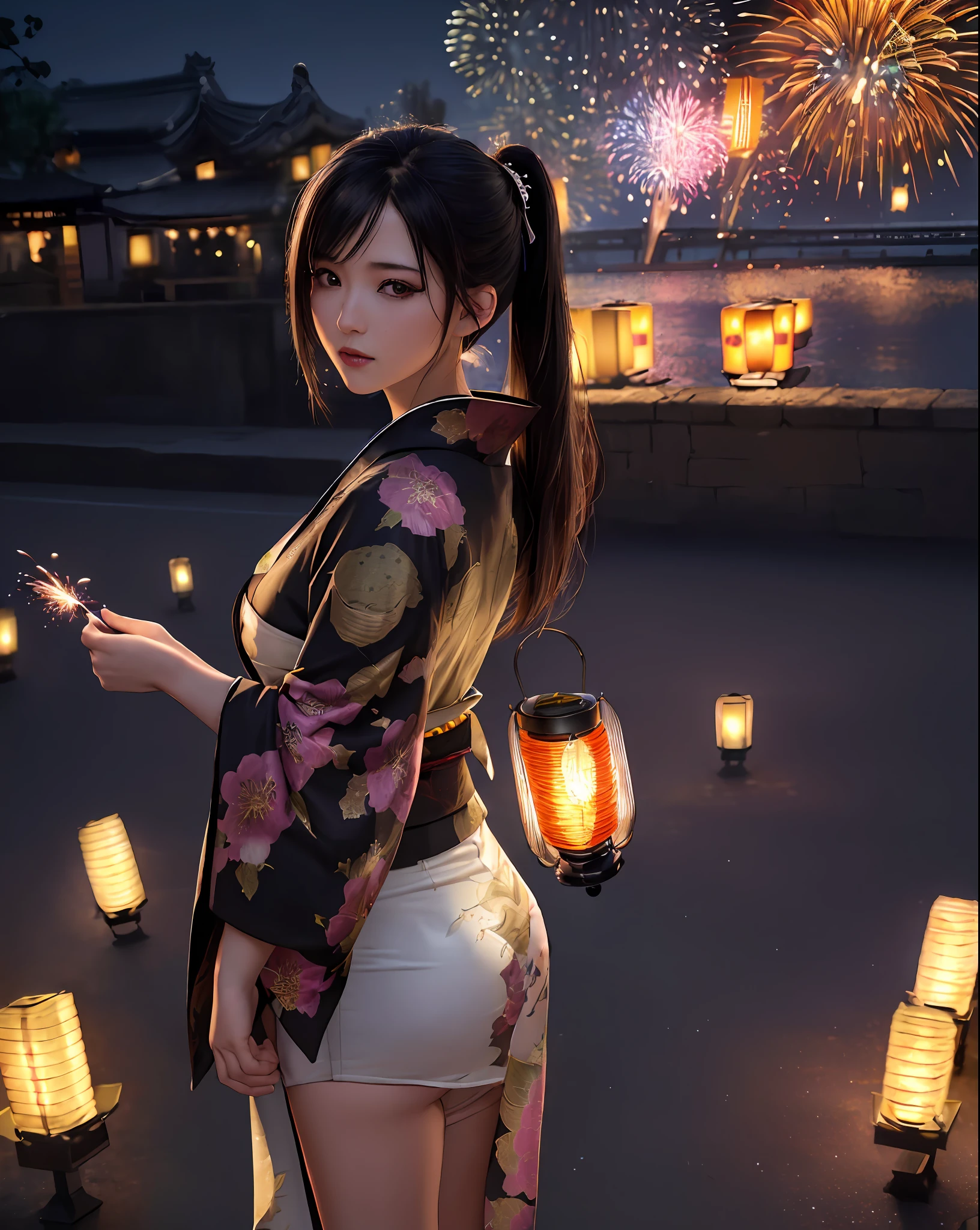 Masterpiece, best quality, ultra-detailed, 8K, detailed light, detailed shadows, RAW, (detailed skin), 1 girl, tifa, ((((open print kimono, fireworks background, night street, lanterns)))), 28 years old, black hair, long hair, black eyes, side shot