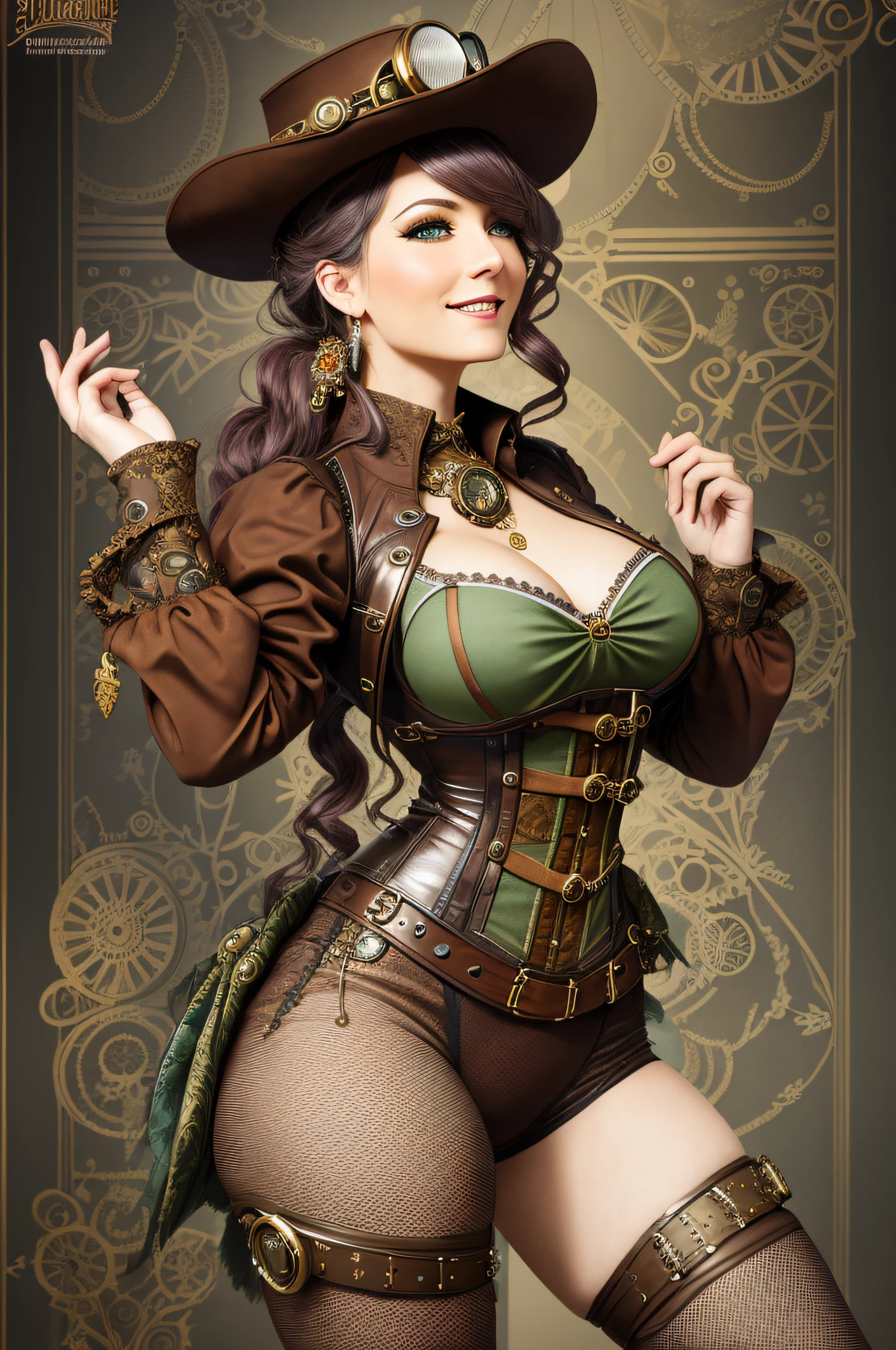 Masterpiece, absurdres, fine detail, HDR, highly detailed face, smiling, excited, steampunk_costume, a woman in a steampunk outfit  ,wearing steampunk_costume, fishnet leggins,