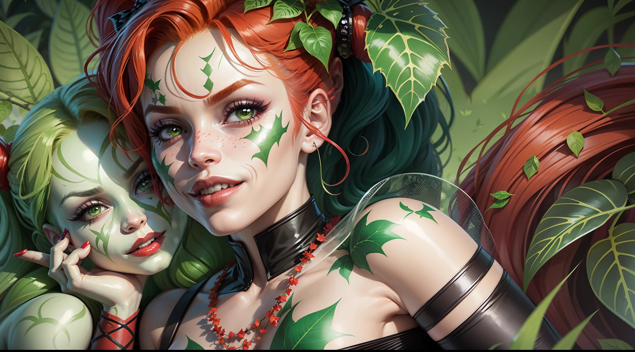 [(Poison Ivy+Harley Quinn), DC Comics universe, comic book style, vibrant colors, detailed, dynamic angle, greenery backdrop, turning Harley Quinn into a plant: 1.5, vines entangling around, wicked smile, iconic symbols, Toxic Kiss: 1.3, leaves and foliage floating in the air, dark shadows, intense emotion.] --auto --s2