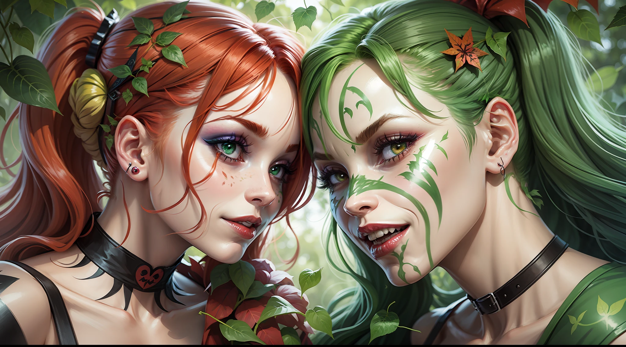 [(Poison Ivy+Harley Quinn), DC Comics universe, comic book style, vibrant colors, detailed, dynamic angle, greenery backdrop, turning Harley Quinn into a plant: 1.5, vines entangling around, wicked smile, iconic symbols, Toxic Kiss: 1.3, leaves and foliage floating in the air, dark shadows, intense emotion.] --auto --s2