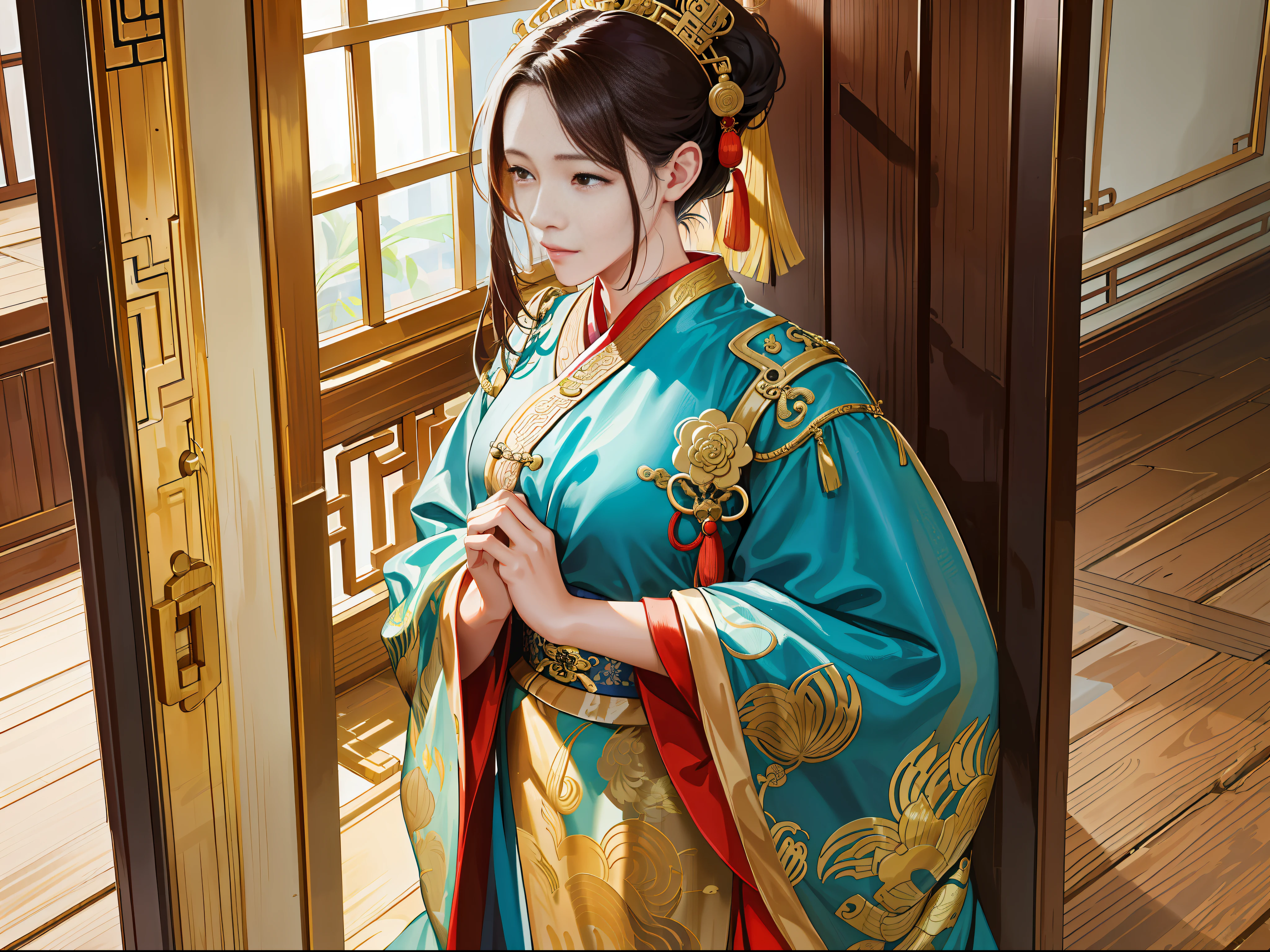 (ridiculous, high resolution, super detailed, realistic,), 1 female, 30 years old, standing outside the door, walking old, holding a handkerchief, wiping tears, Qing dynasty style, gold themed robe, greasy, rich, rich, room, ancient Chinese style, HD photo.