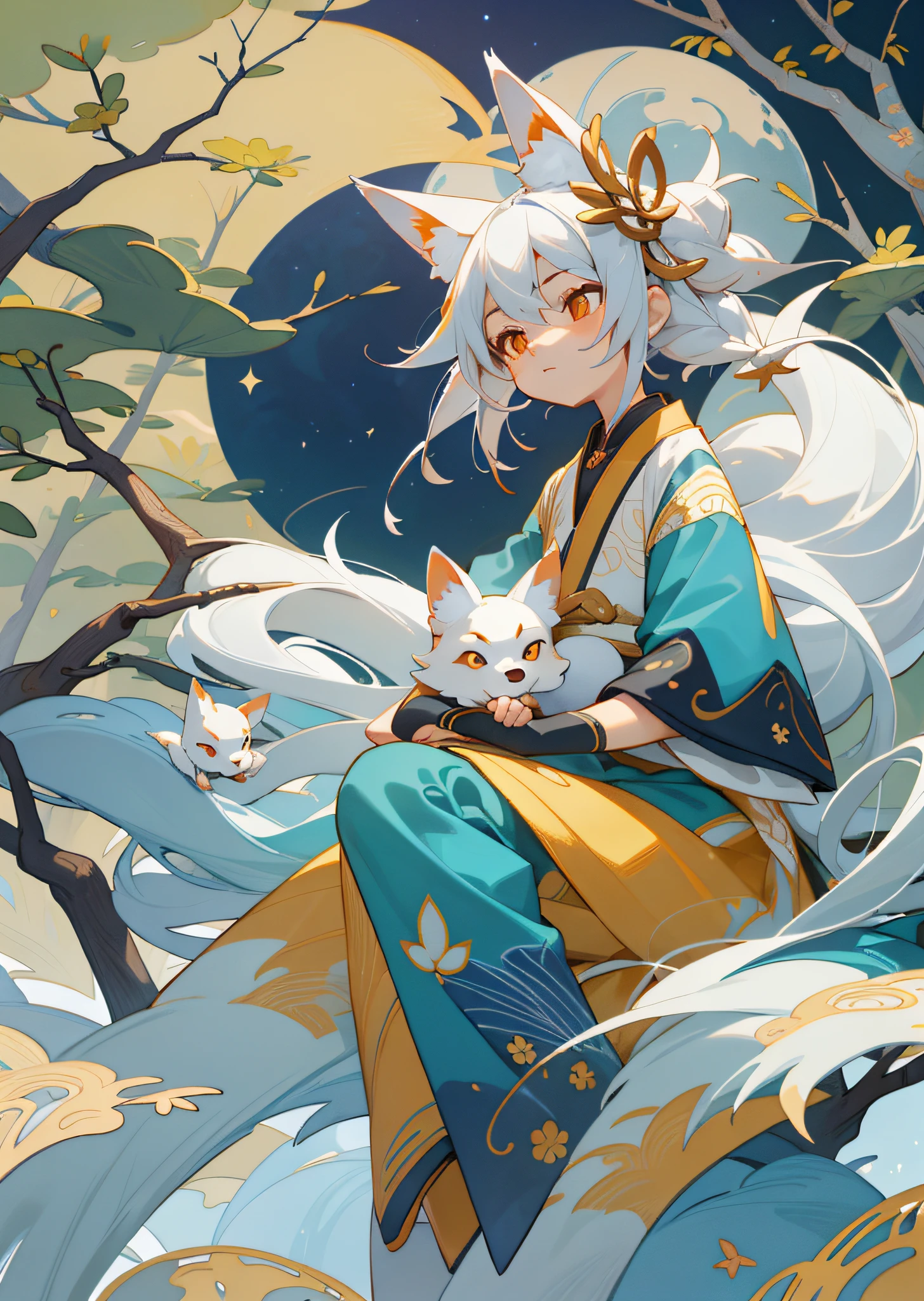 The background is a super large moon, a fox with white hair sitting on a branch under the stars, (Little Boy: 1.5), Ethereal Fox, Nine-Tailed Fox, Dreamy, Millennium Fox Demon, Onmyoji Detailed Art, Nine Tails, Beautiful Artwork Illustrations, Mythical Creatures, Foxes, Beautiful Digital Art Works,