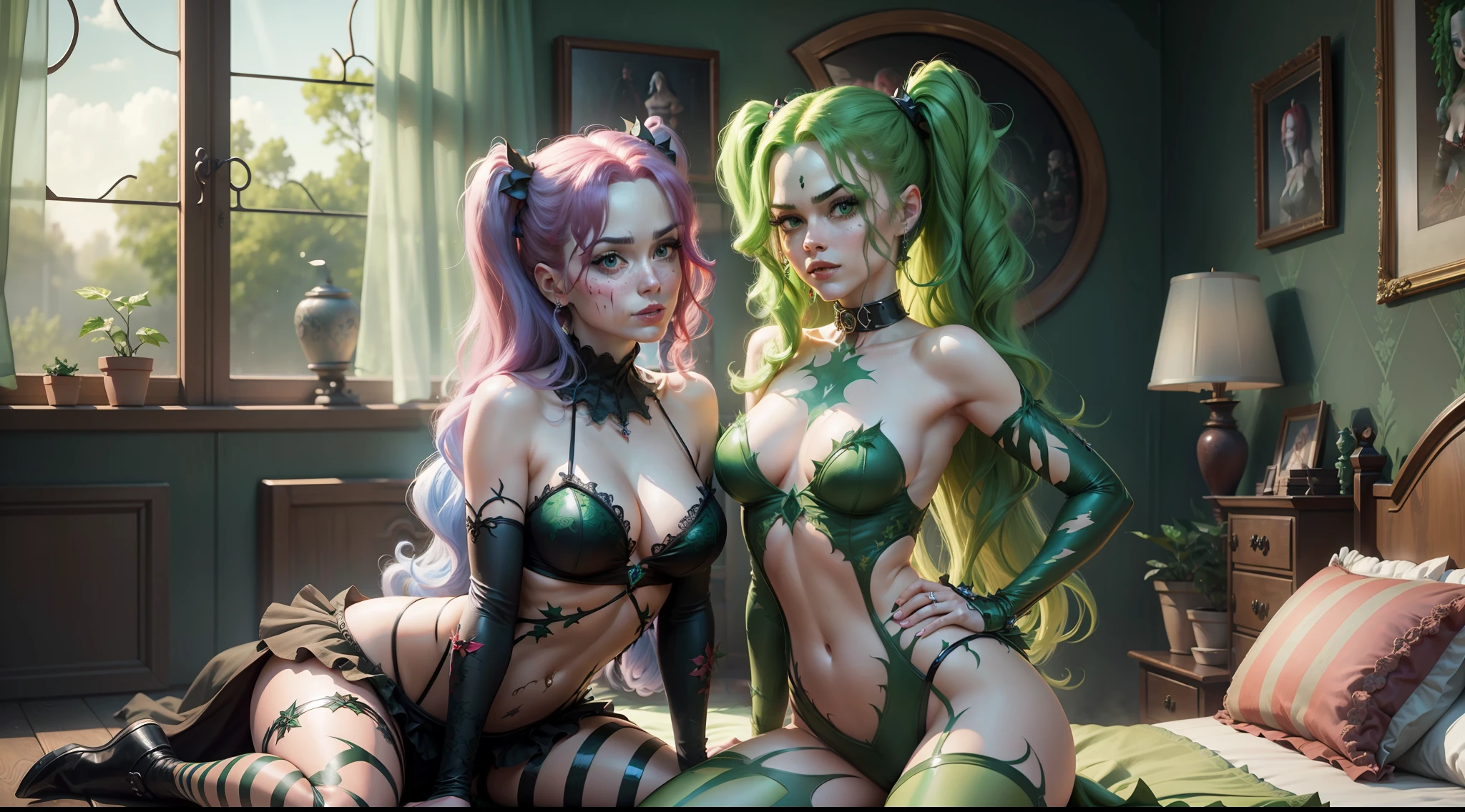 Extremely detailed masterpiece, high resolution CG unity 8K wallpaper. Poison Ivy and Harley Quinn are standing in front of a beautiful bedroom. Ivy's emerald green eyes shine like jewels as she sits sed --auto --s2