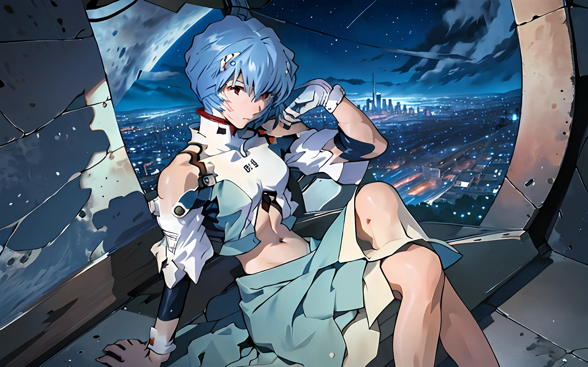 (masterpiece, high quality, high resolution, highest quality), (masterpiece), (close-up: 1), large moonlight, from above, from the side,
(depth of field), detailed face, ((maiden, a little girl, single focus,)), long sky blue hair, red eyes, white dress, (navel: 0.8), bare shoulders, bare feet,
In the bustling cityscape, the skyscrapers under her feet, appear calm and calm, with a quiet and confident atmosphere, wet ground, reflective floor, starry sky, (wet: 0.8), she sits on the edge of a tall watchtower, looking out at the city, foot suspension,