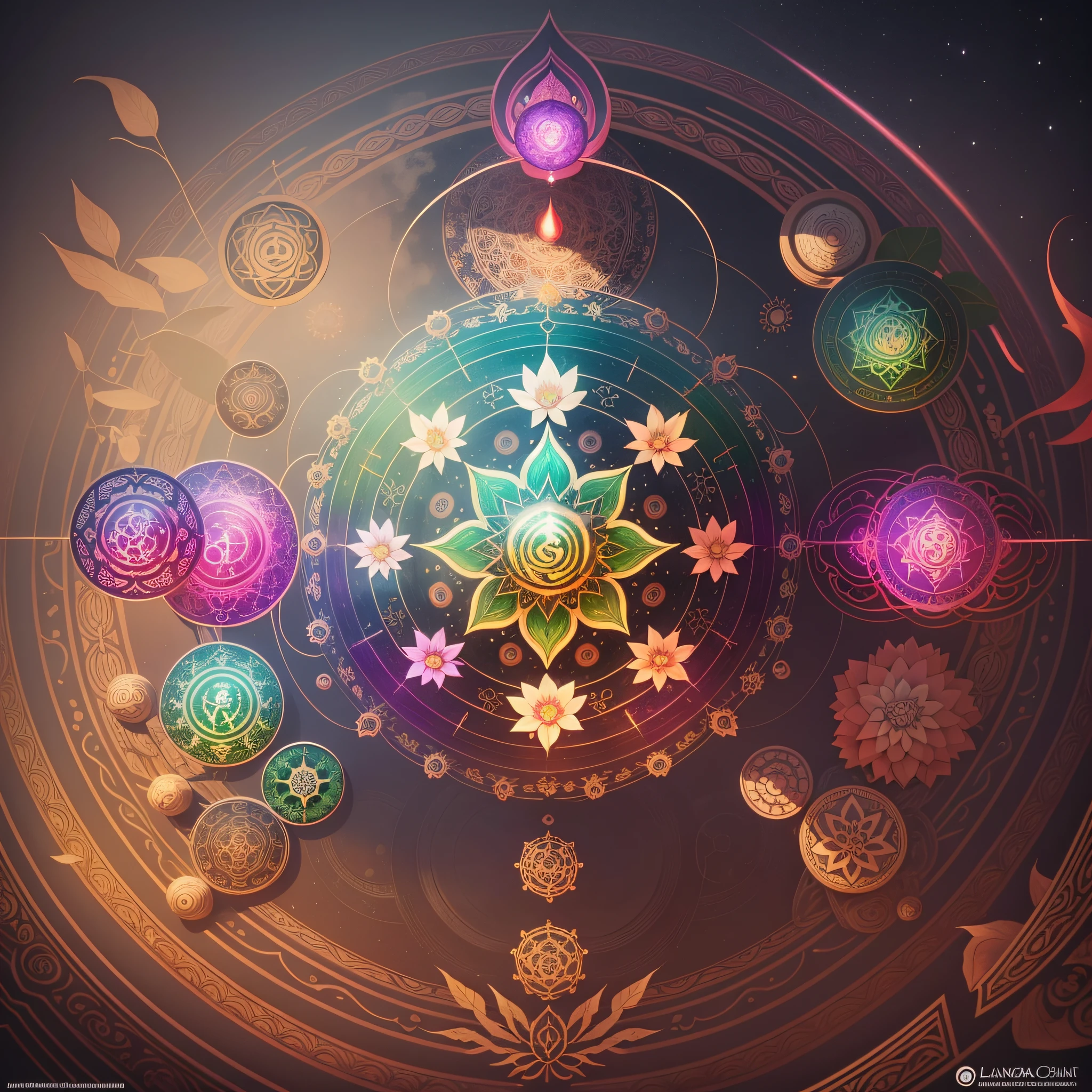 a lotus flower with a leaf in the middle, lotus, symetrical, beautiful woman with chakras in the middle of big lotus leaf, centered in picture, health spa, centered in image, centered elven, standing gracefully upon a lotus, ancient symbol behind it, zen, concept piece, buddhist, clematis theme logo, elemental guardian of life, symbol, chakras, energy, mystical, bright colors, higly detailed render, concept art, octane render, sunny atmosphere