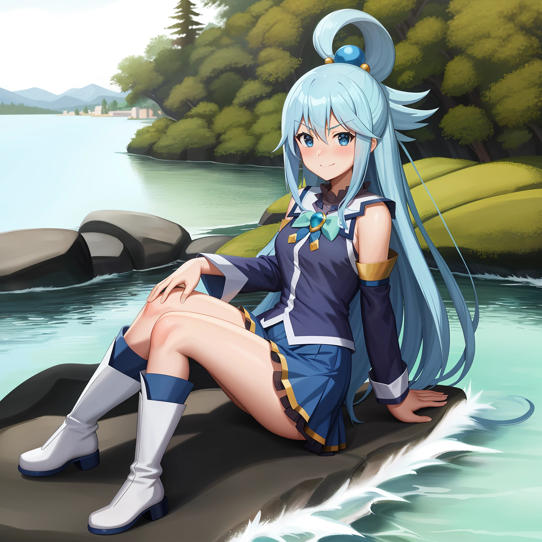 aqua \(konosuba\), full body, beautiful, leaning on a rock, on the shore of a lake, long hair, detailed hair, blue eyes, skirts, sleeves, high boots, posing, serious smile, blushing nose, blush of nose,