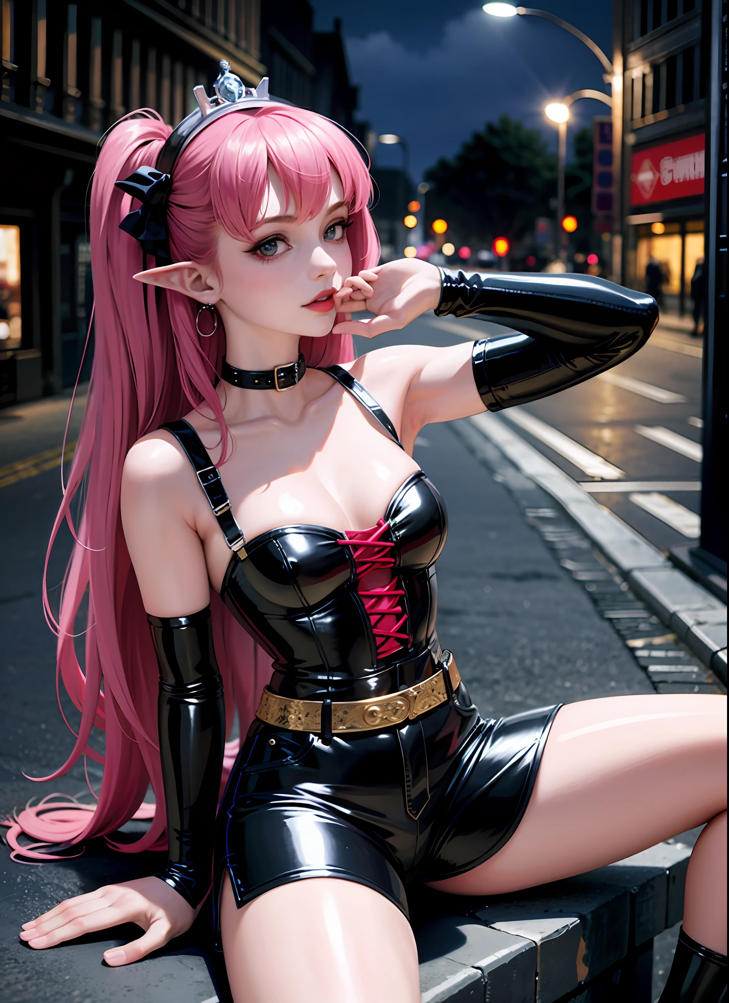 best quality, masterpiece,Elizabeth bathory, emo girl, piercing, fish net, latex shorts, sitting, tattoo, long hair, night, street,