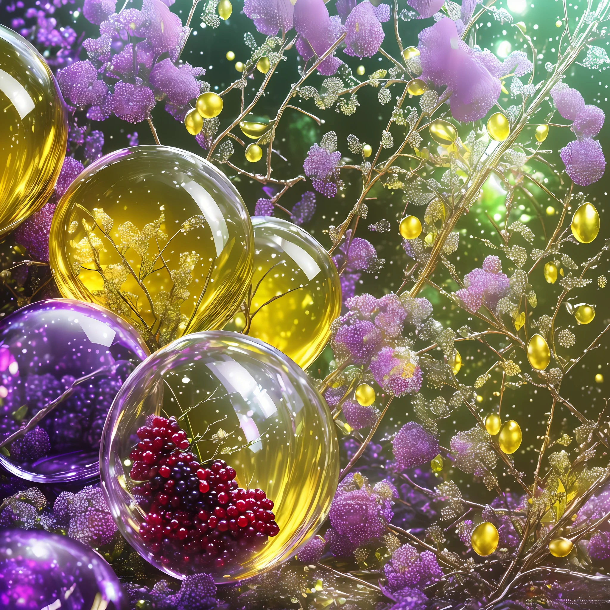 Computer Visualized Graphics, Realistic Fantasy, Extensive Landscape Ultrafiction Photography (general view showing glass glass, ice cube, berries, dew,), blurred background, gloomy, yellow, green, purple background, pink, warm, magic, "Hyper-realistic textures," "Precise details," "Realistic still life," "Realistic portraits," "Realistic landscapes." --auto --s2