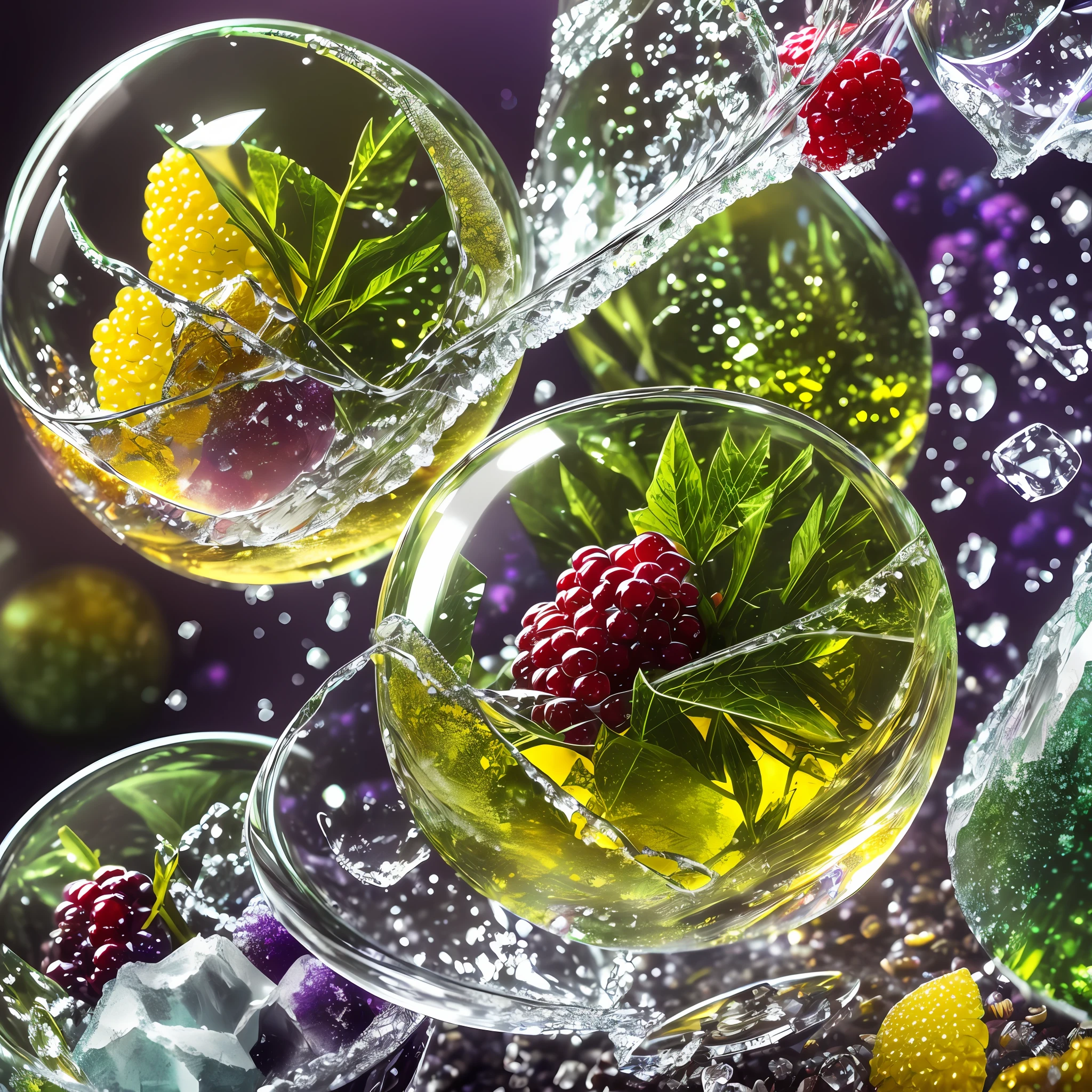 Computer Visualized Graphics, Realistic Fantasy, Extensive Landscape Ultrafiction Photography (general view showing glass glass, ice cube, berries, dew,), blurred background, gloomy, yellow, green, purple background, pink, warm, magic, "Hyper-realistic textures," "Precise details," "Realistic still life," "Realistic portraits," "Realistic landscapes." --auto --s2