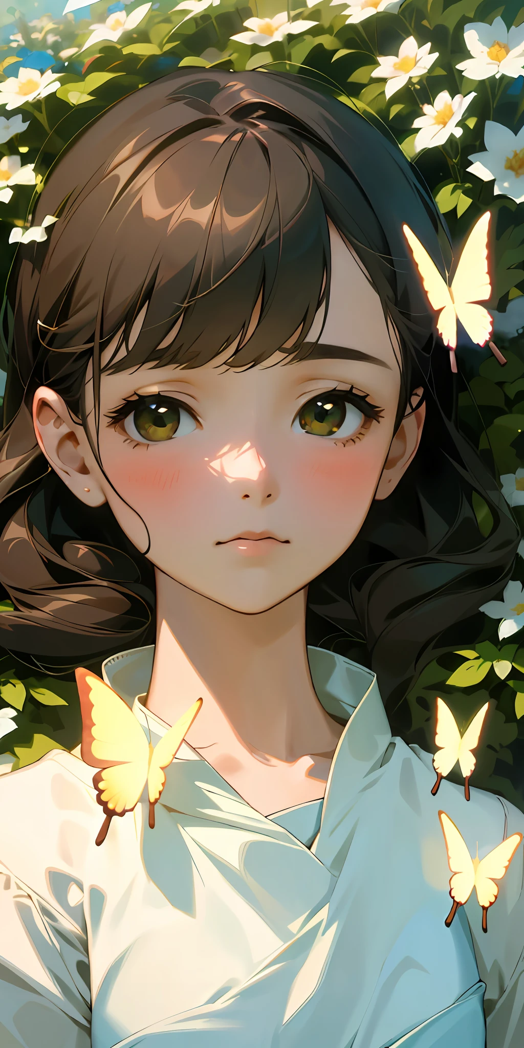 (top quality, masterpiece, ultra-realistic), one beautiful delicate portrait of a girl with a soft and sad expression, the landscape in the background is a garden with flowers and butterflies flying around. --v6