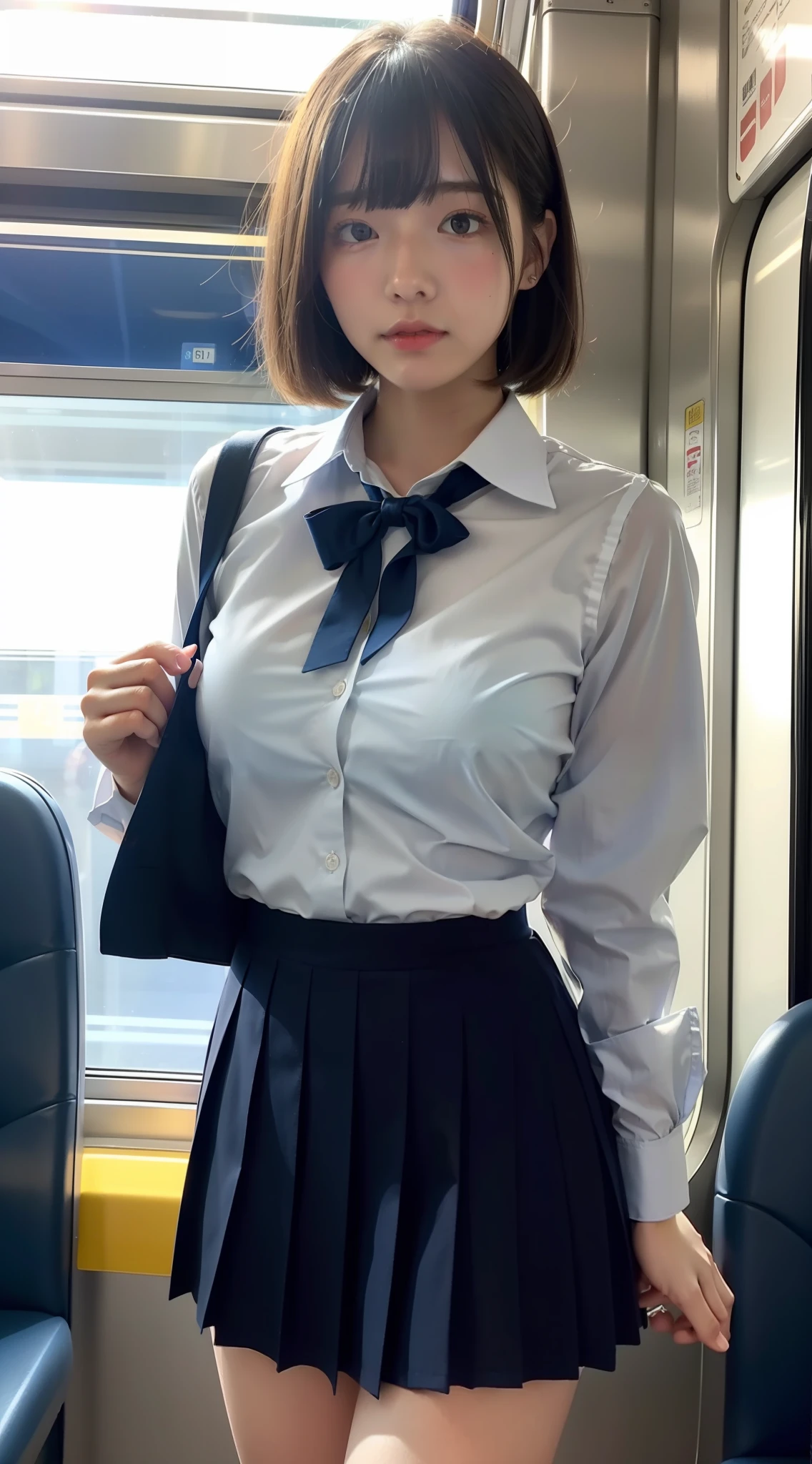Japan girl, 18 year old girl, short hair, blonde, bangs, brown eyes, perfect figure, transparency, luster, luster, modest breasts, school uniform, navy blue ribbon, light blue shirt, navy blue skirt, light pleasure, glowing body, gravure idol, on the train, beautiful legs, strong sunlight, nymphomaniac