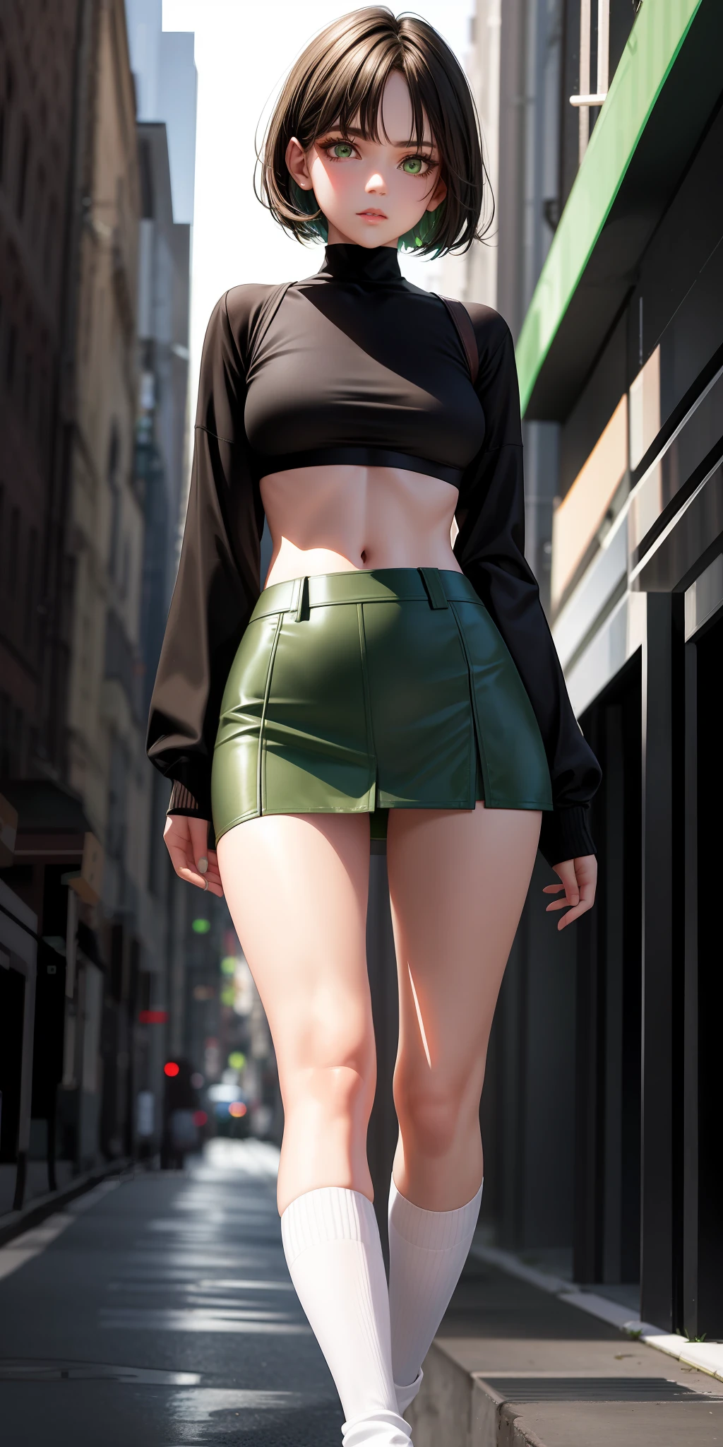 1girl, green eyes, full body, very short brown hair, green miniskirt, long white socks, black crop top, big boobs, white skin, long eyelashes, eyeshadow, small face, big eyes